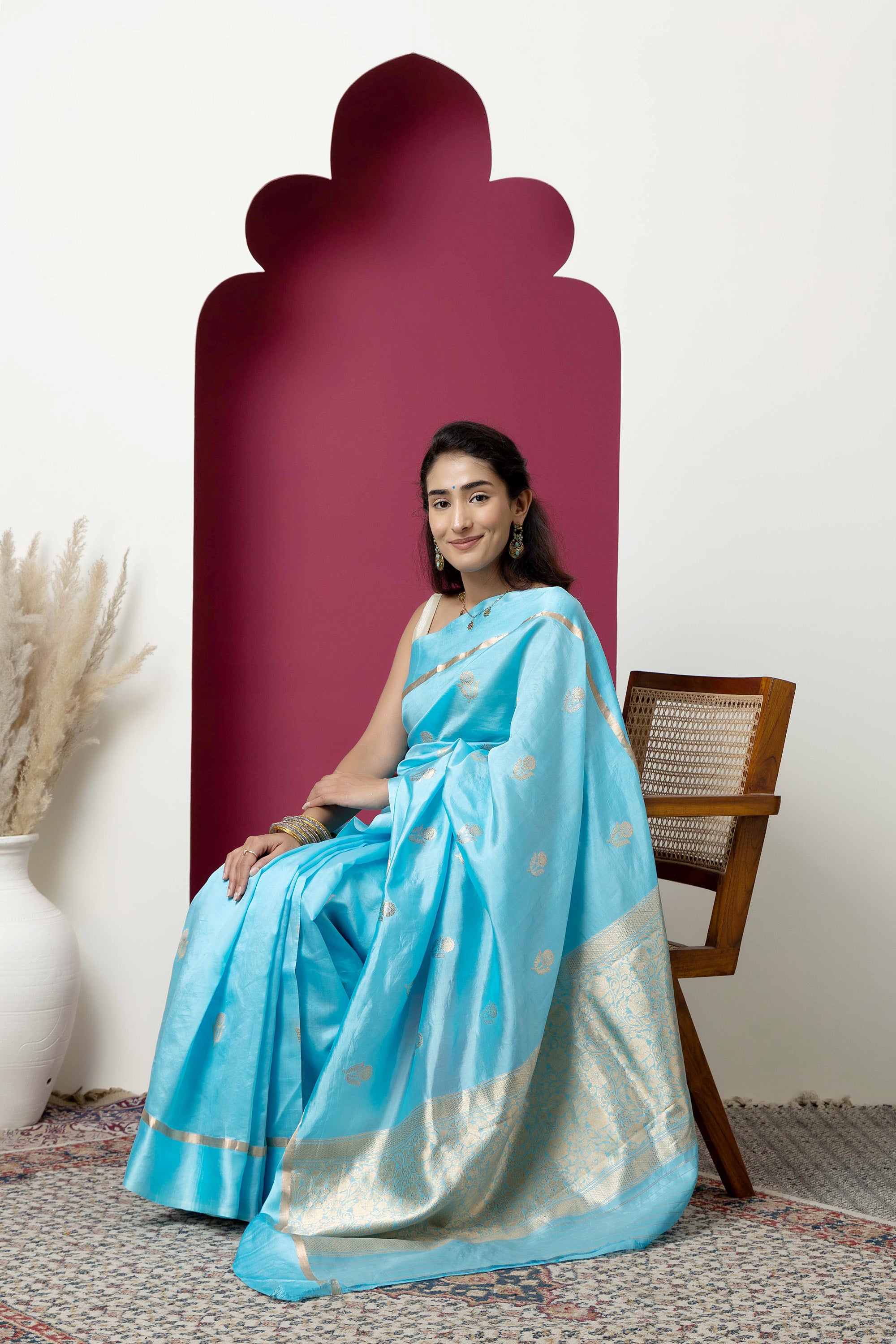 Banarasi Handloom light blue pure silk saree with large bute and zari border