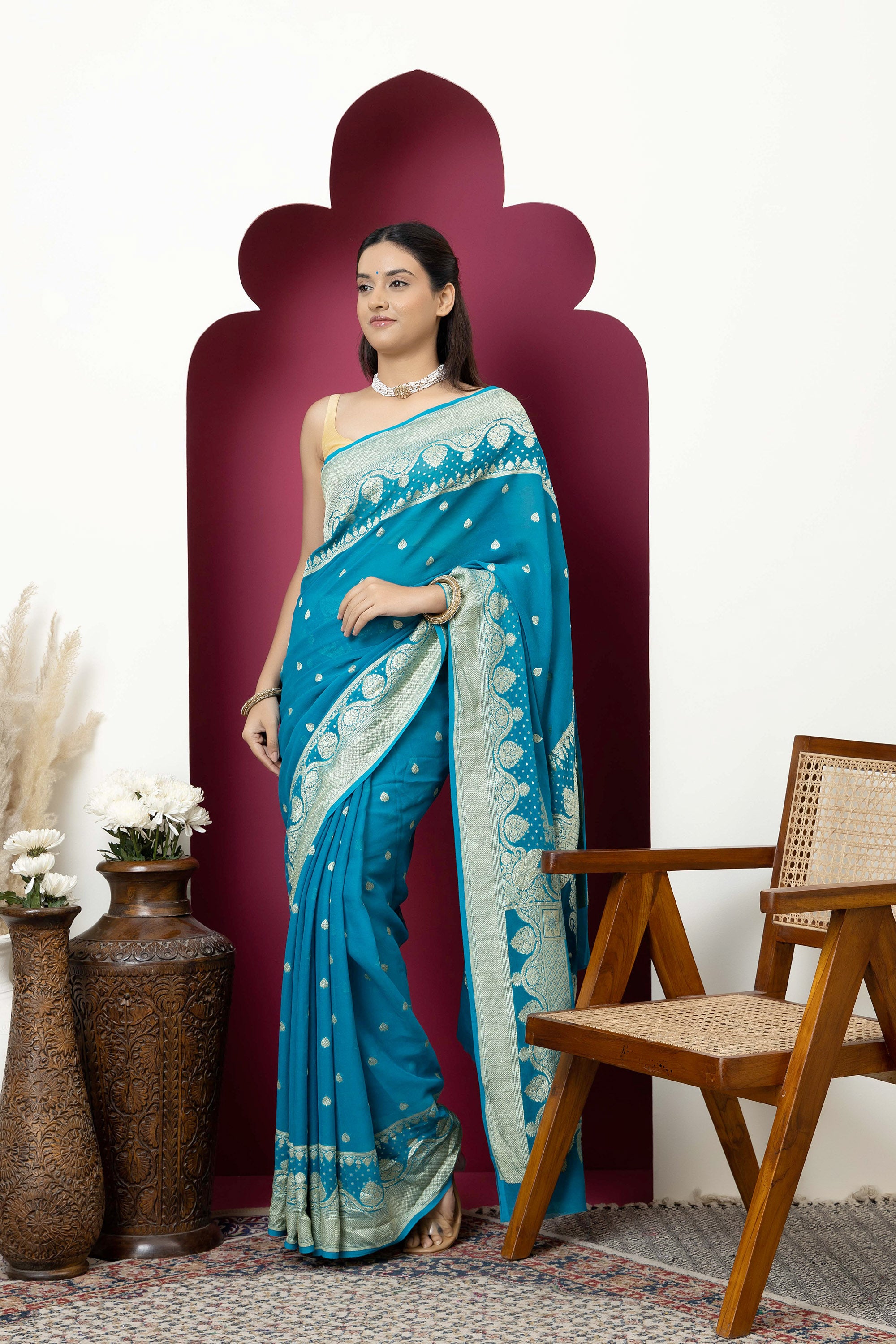 Banarasi pure silk georgette blue saree with zari Bute, zari pallu