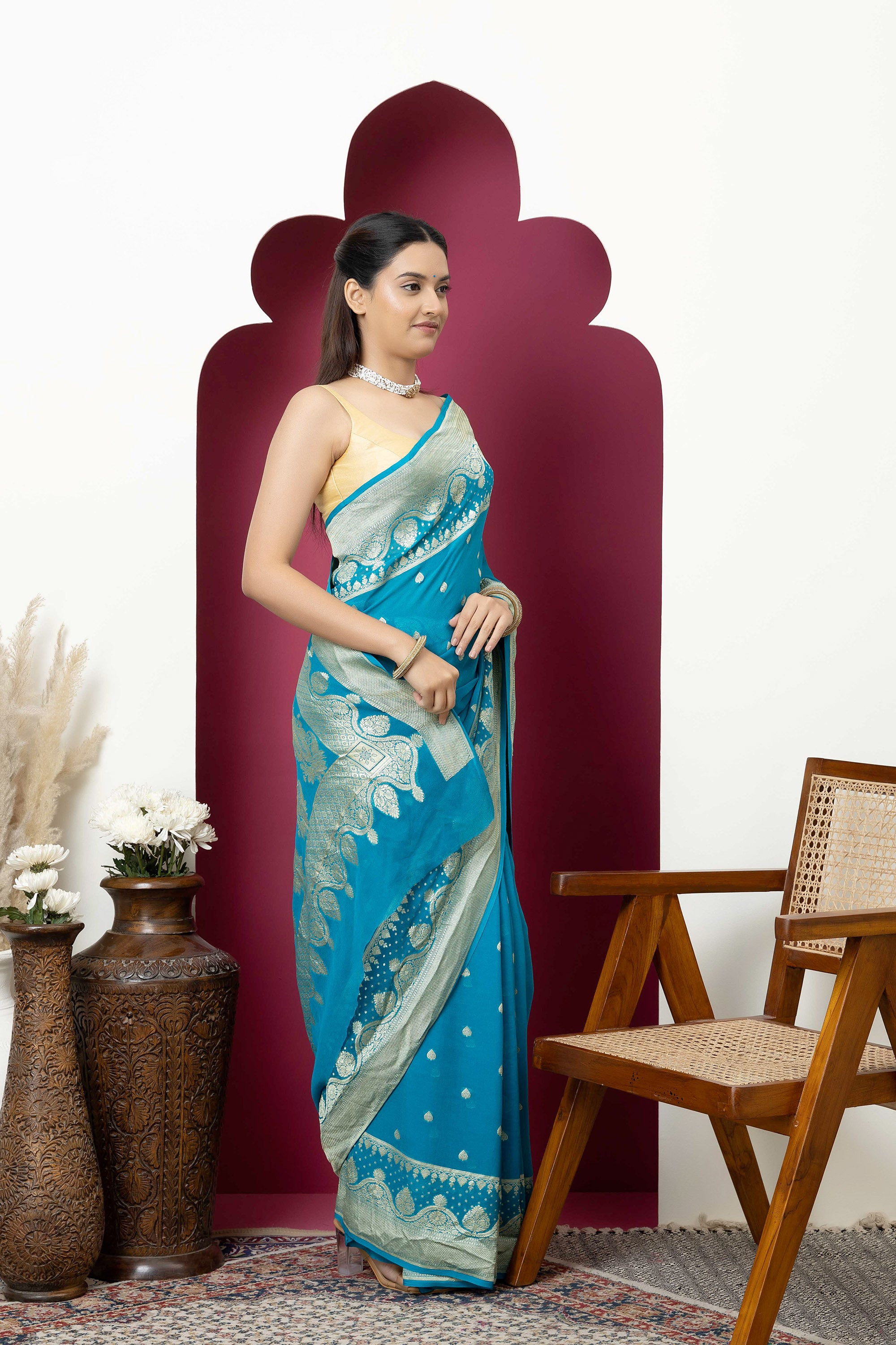 Banarasi pure silk georgette blue saree with zari Bute, zari pallu