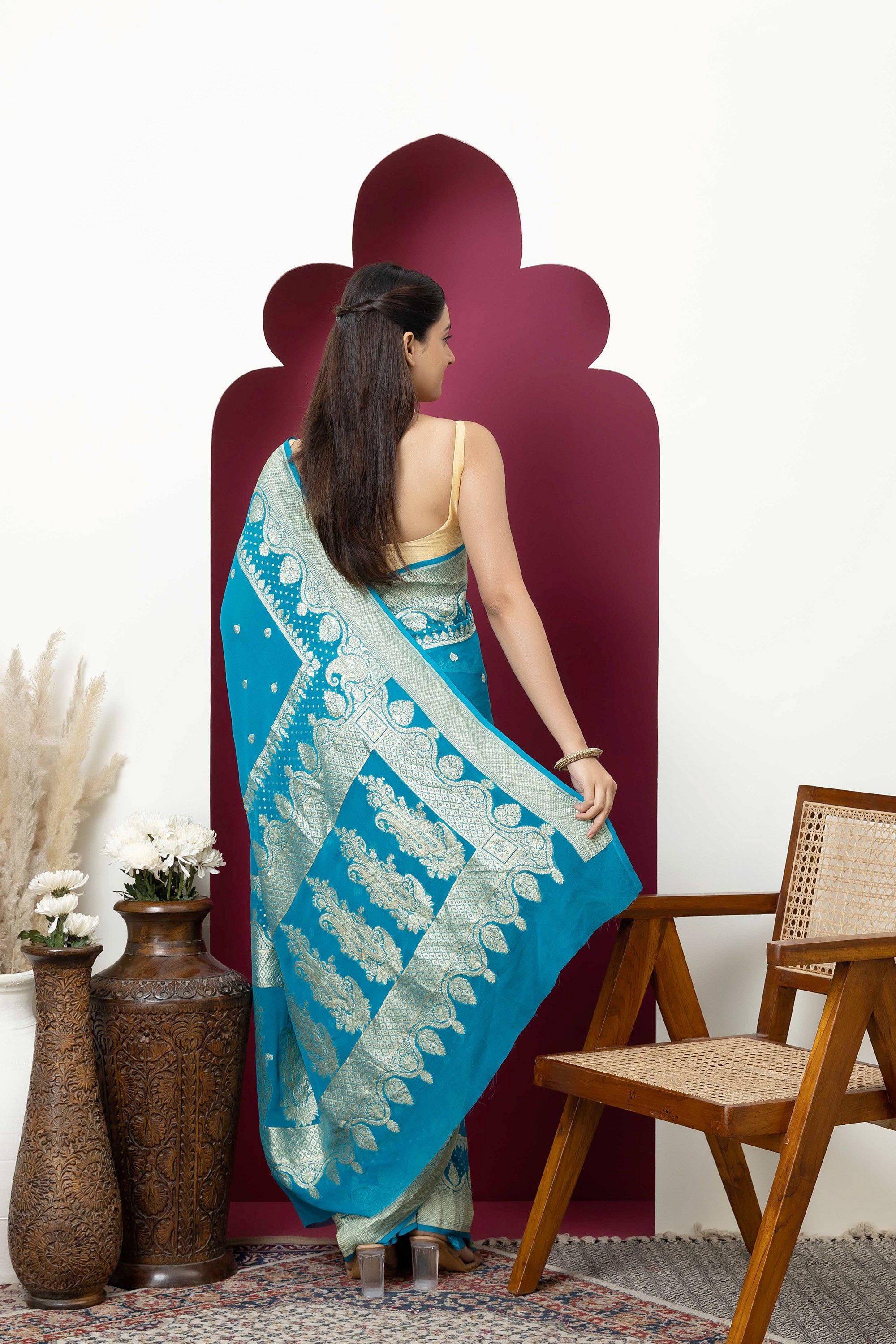 Banarasi pure silk georgette blue saree with zari Bute, zari pallu