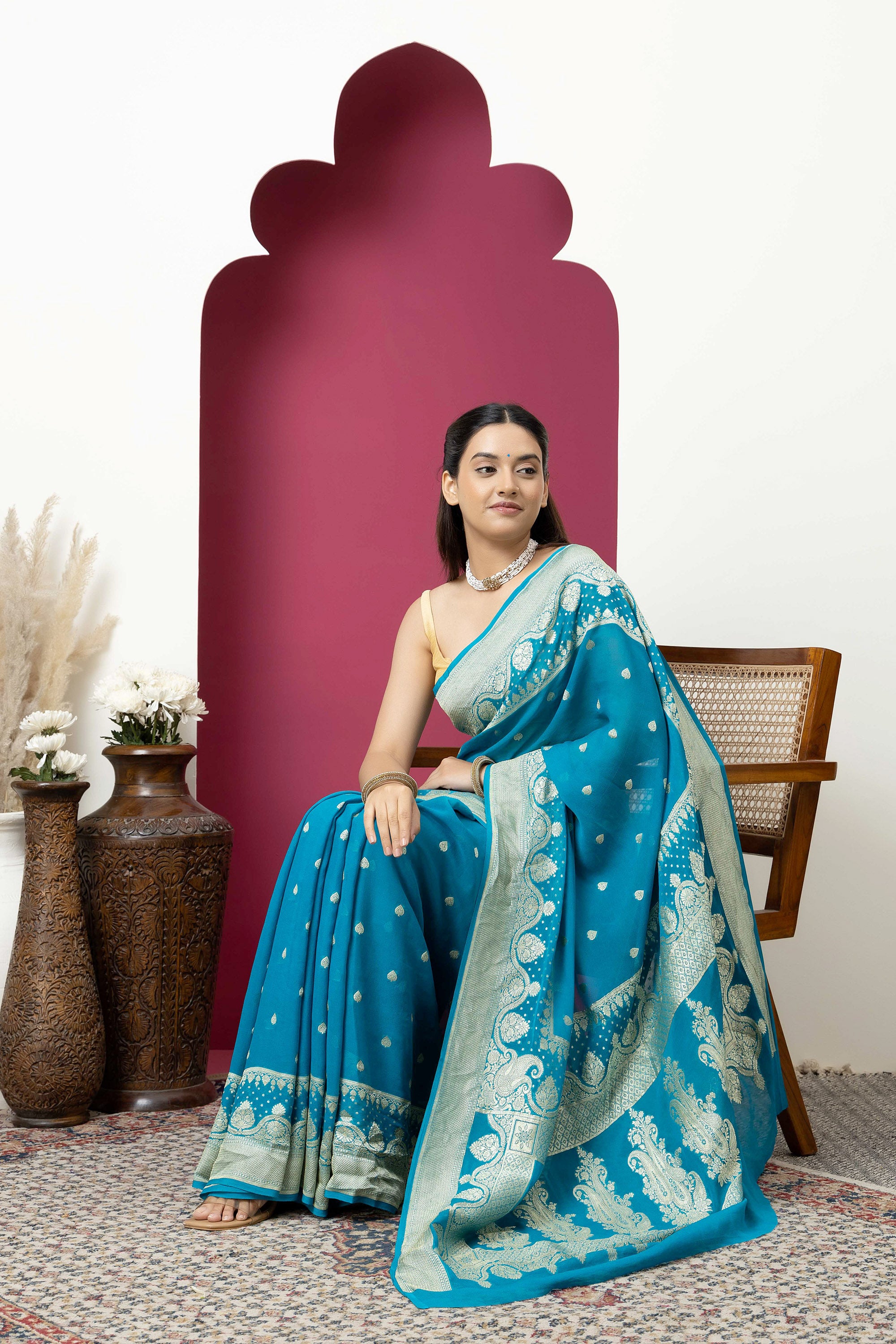 Banarasi pure silk georgette blue saree with zari Bute, zari pallu
