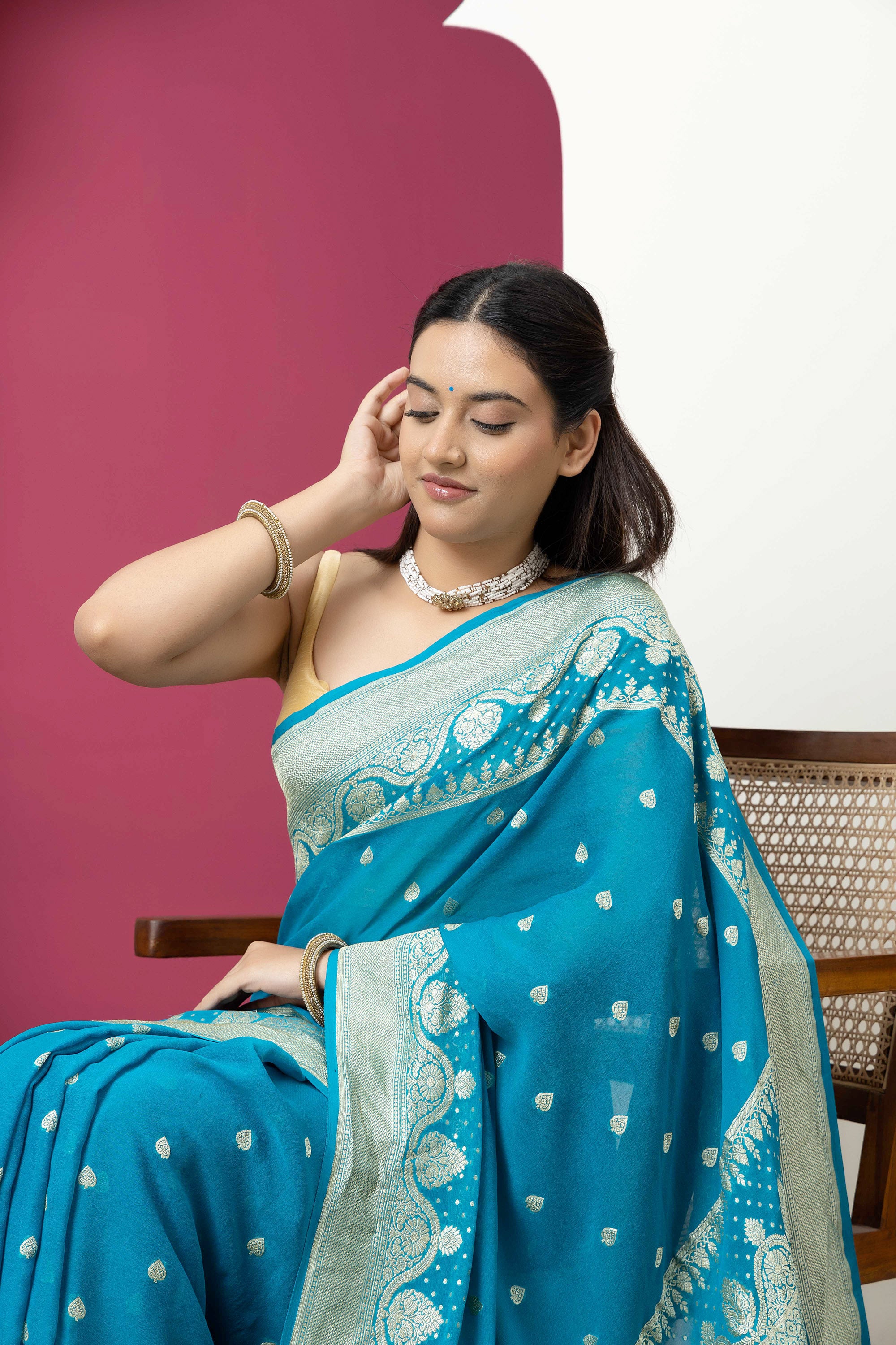 Banarasi pure silk georgette blue saree with zari Bute, zari pallu