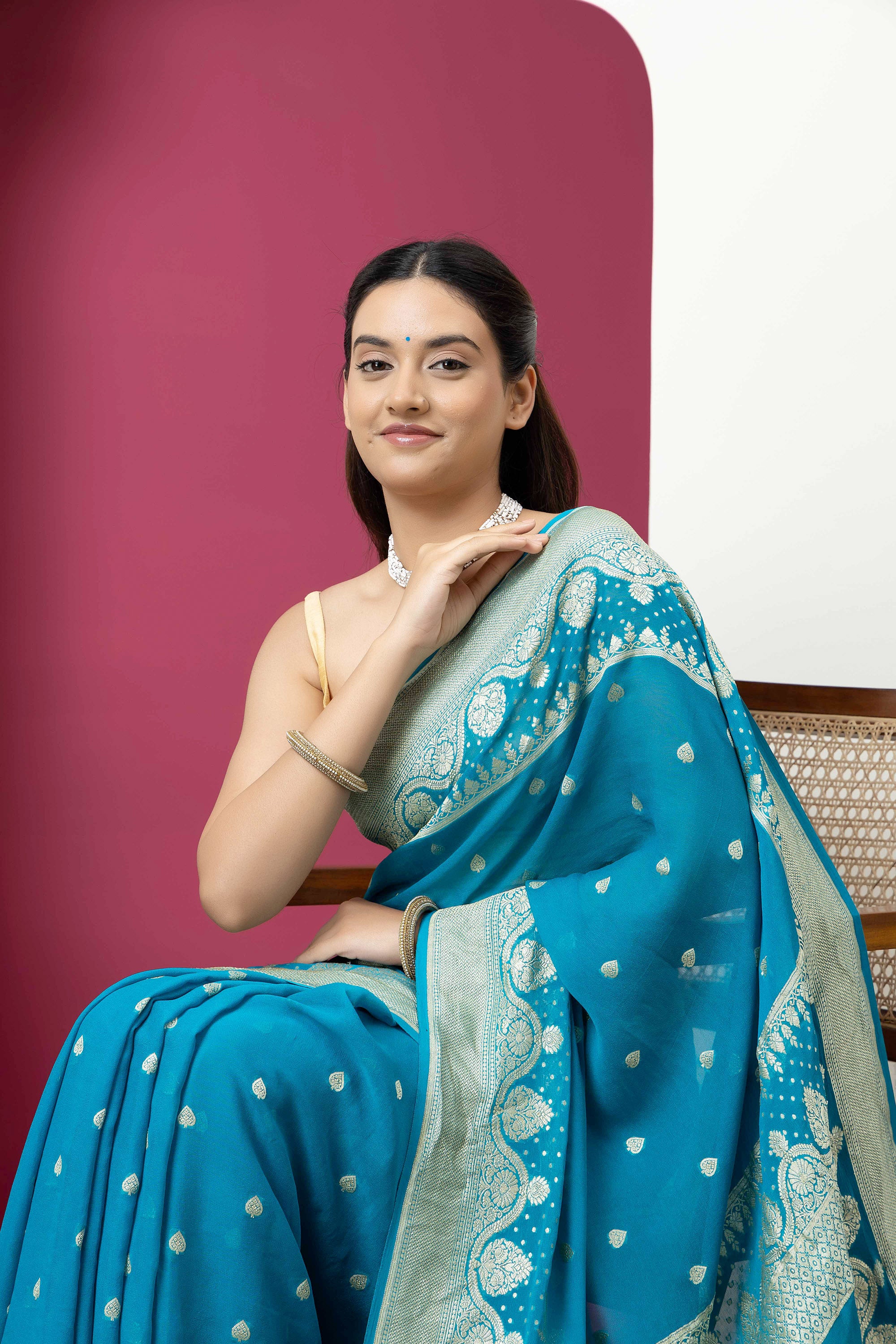 Banarasi pure silk georgette blue saree with zari Bute, zari pallu