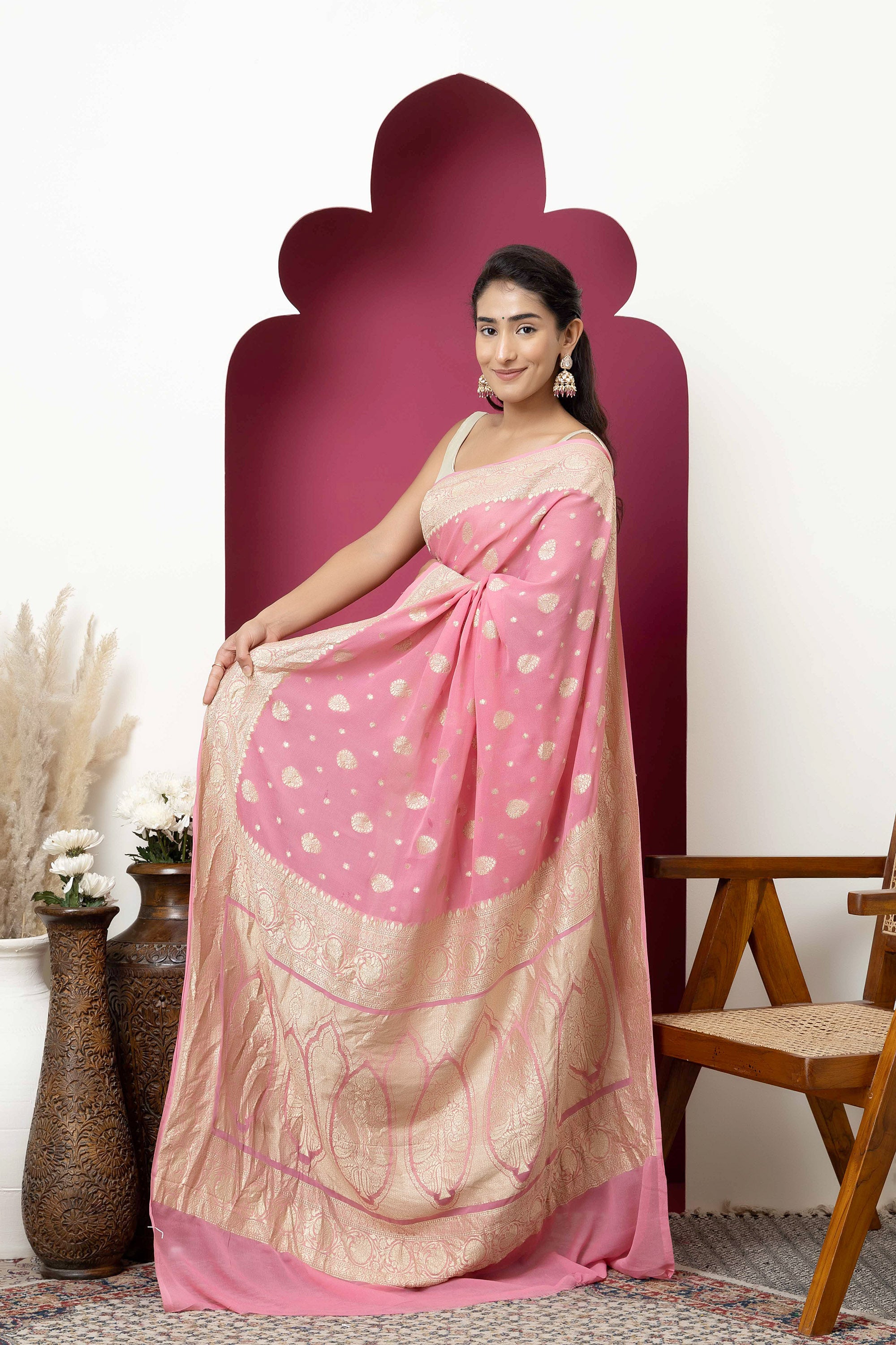 Banarasi pure silk khaddi georgette pink saree with zari Bute, zari pallu