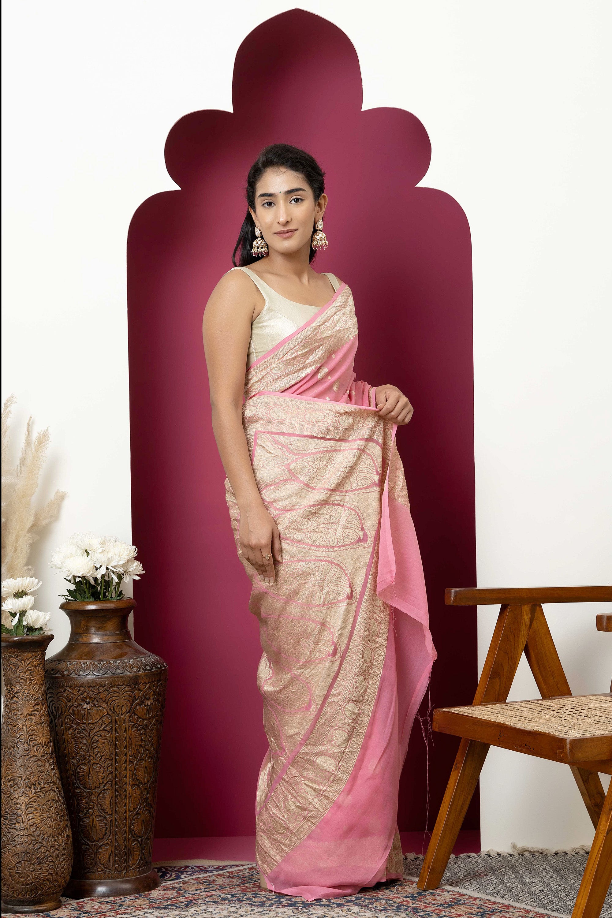 Banarasi pure silk khaddi georgette pink saree with zari Bute, zari pallu