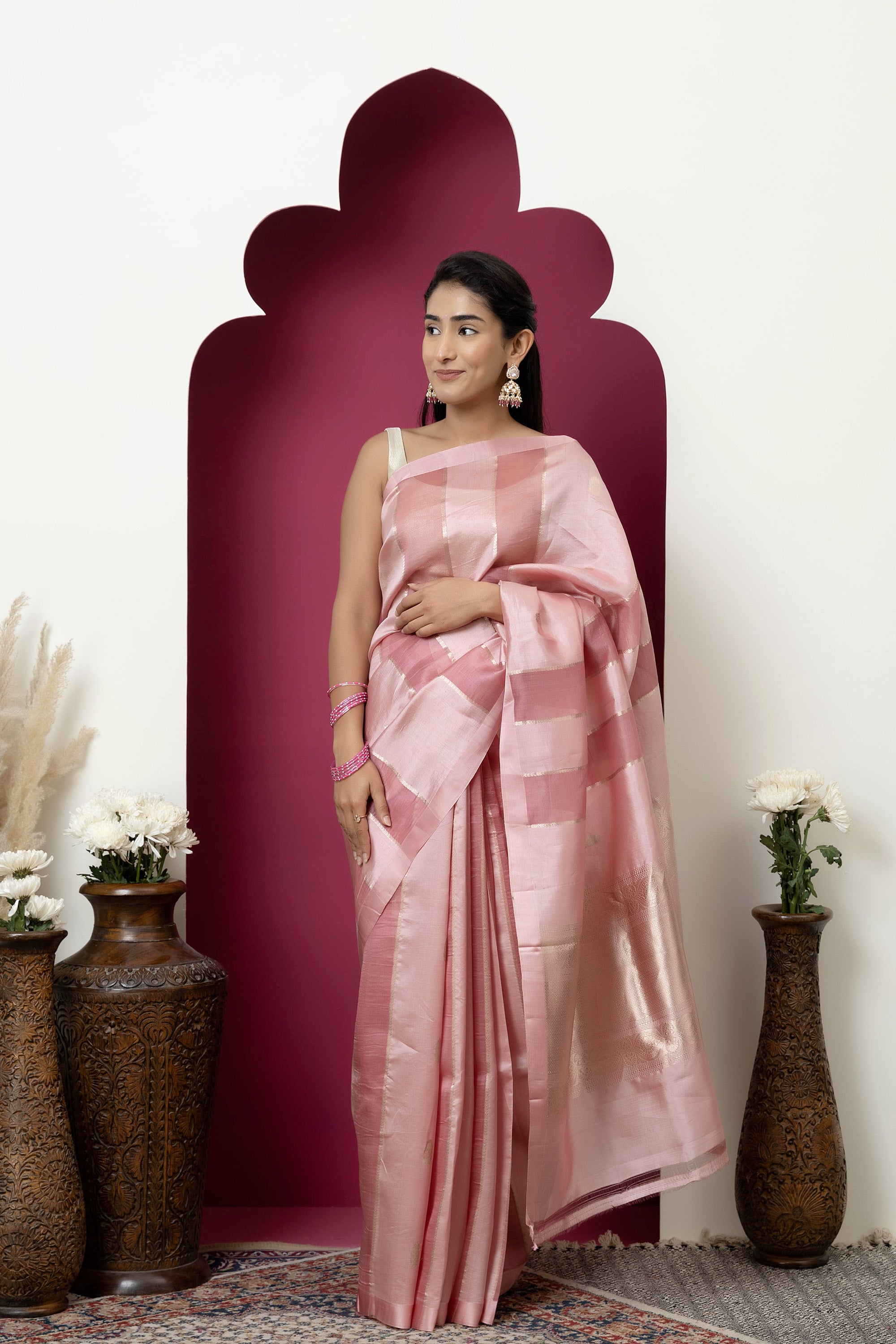 Banarasi Handloom beautiful pink pure katan silk saree with alternate broad stripe of organza, self silk border and zari pallu