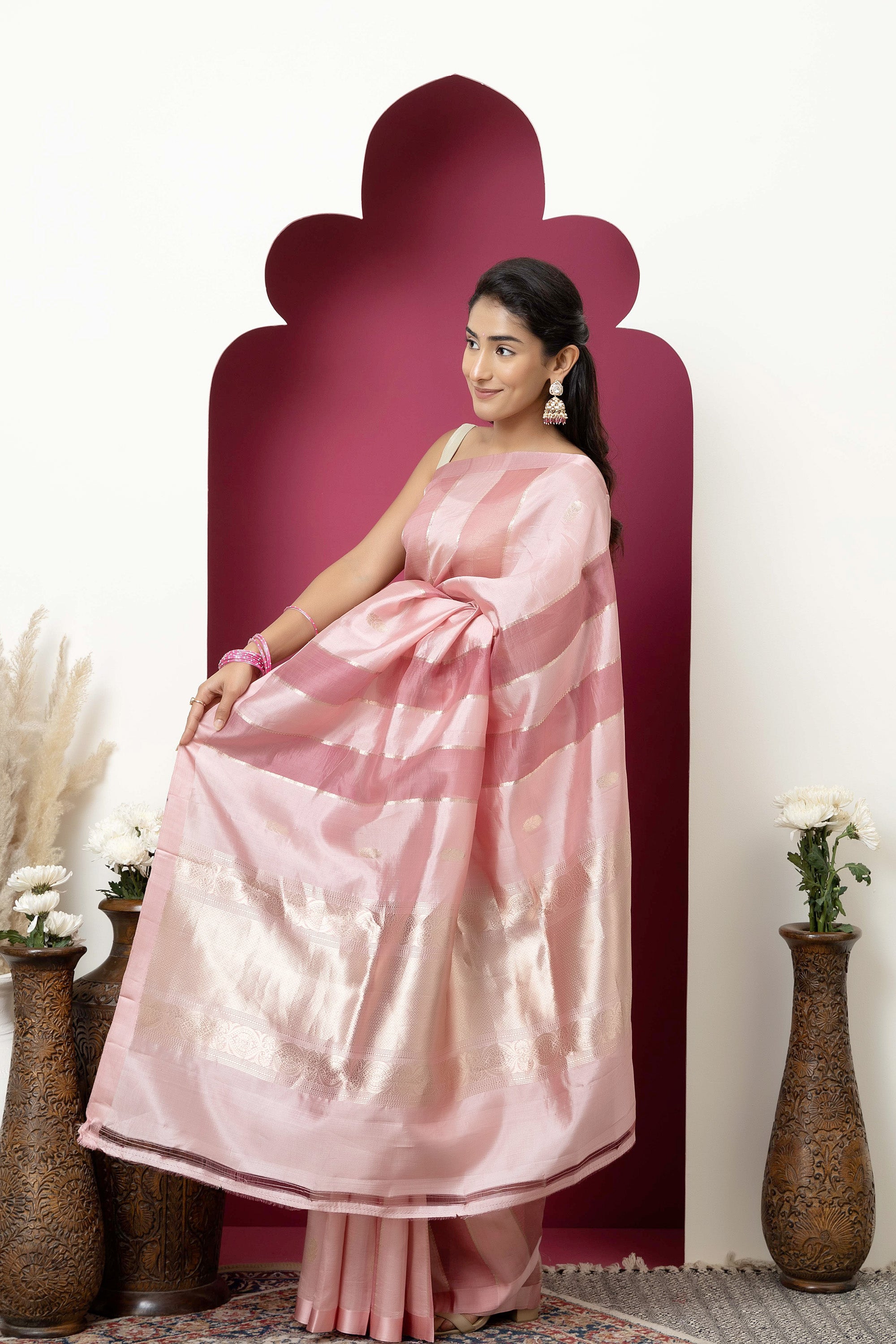 Banarasi Handloom beautiful pink pure katan silk saree with alternate broad stripe of organza, self silk border and zari pallu