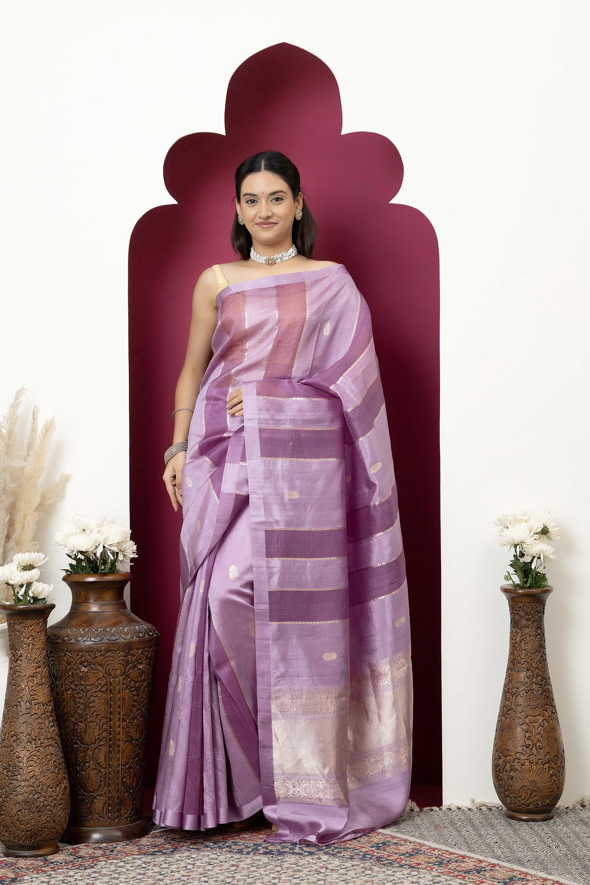 Banarasi Handloom beautiful light mauve pure katan silk saree with alternate broad stripe of organza, self silk border and zari pallu