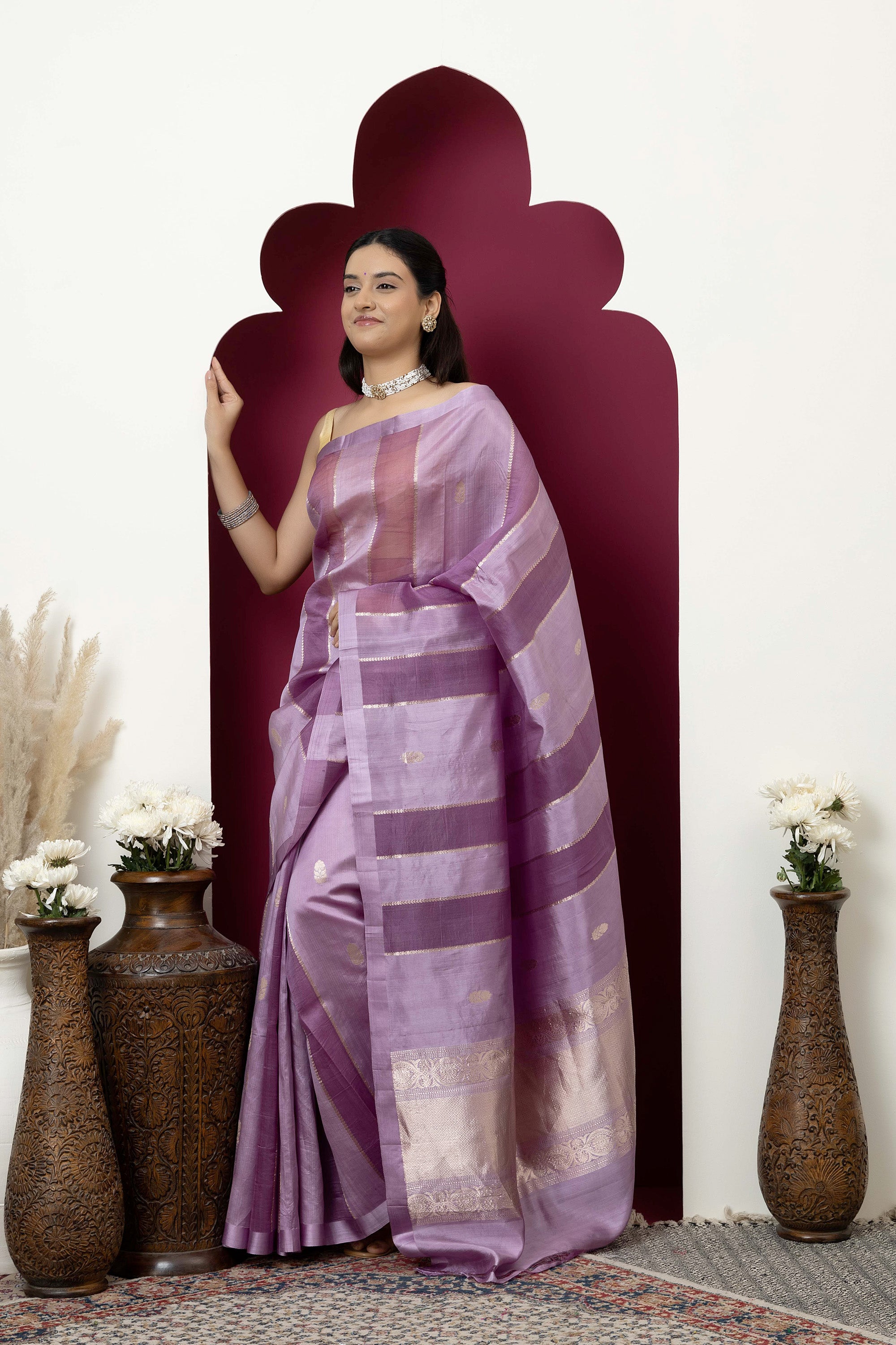 Banarasi Handloom beautiful light mauve pure katan silk saree with alternate broad stripe of organza, self silk border and zari pallu