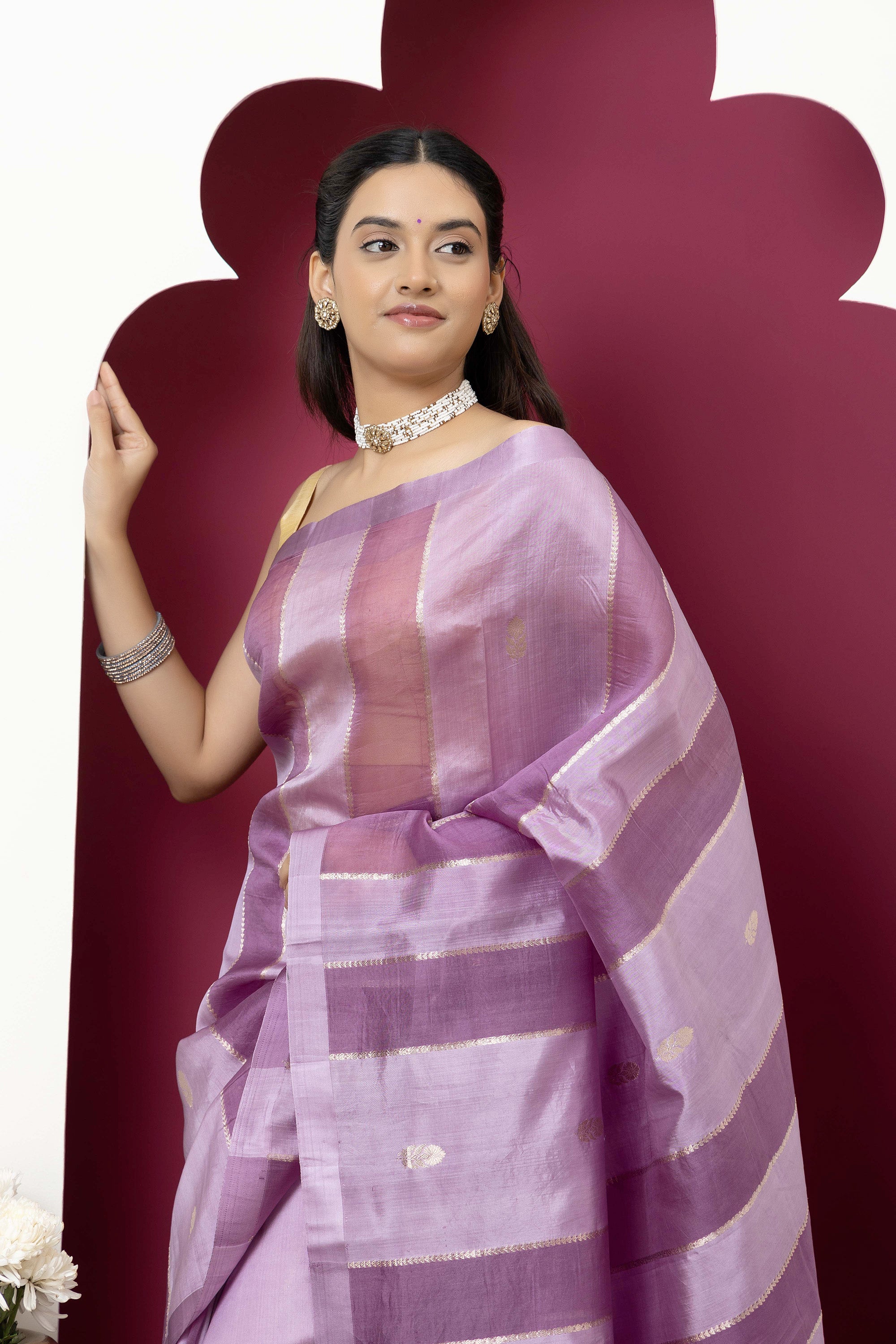 Banarasi Handloom beautiful light mauve pure katan silk saree with alternate broad stripe of organza, self silk border and zari pallu