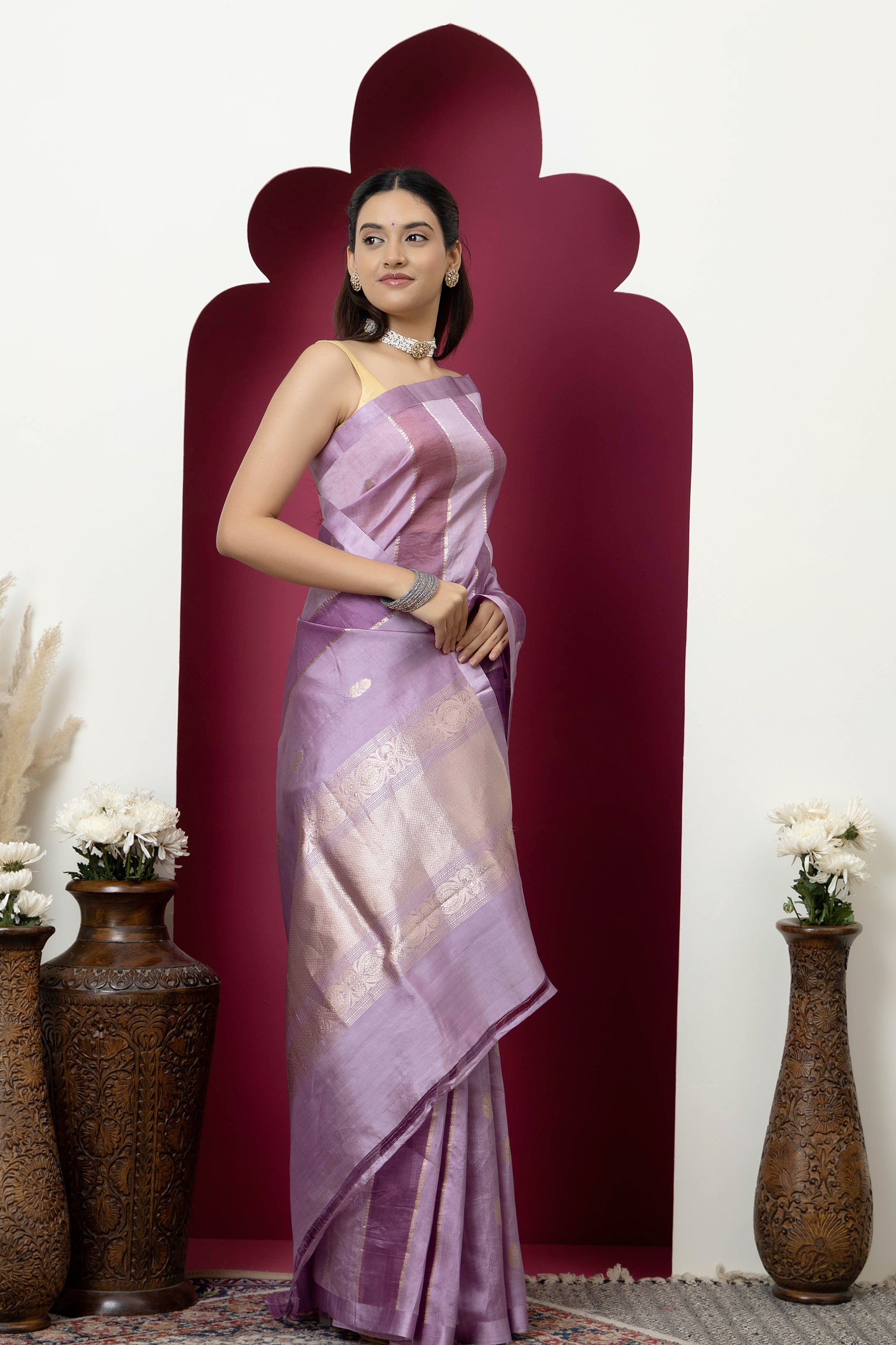 Banarasi Handloom beautiful light mauve pure katan silk saree with alternate broad stripe of organza, self silk border and zari pallu