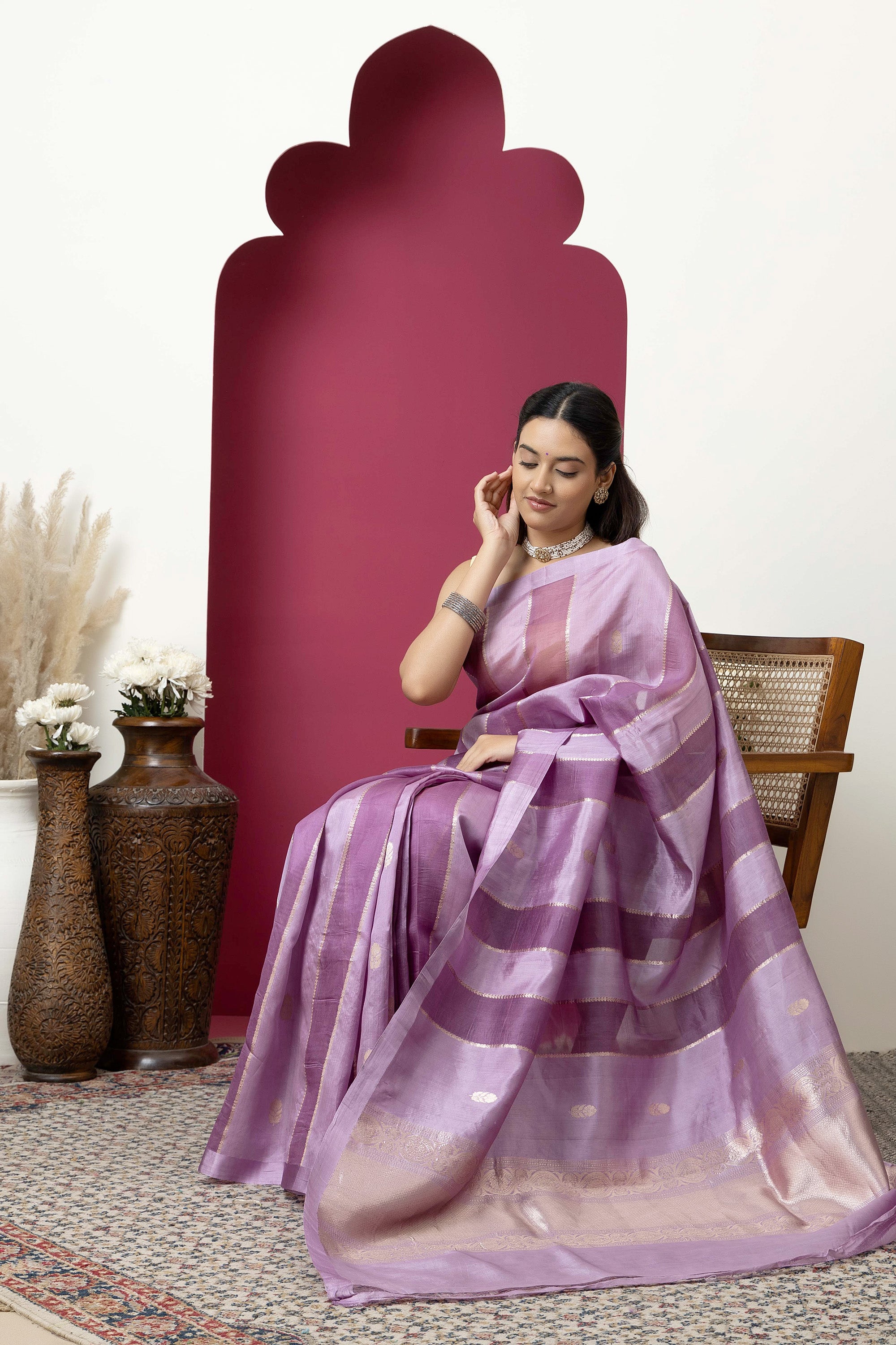 Banarasi Handloom beautiful light mauve pure katan silk saree with alternate broad stripe of organza, self silk border and zari pallu