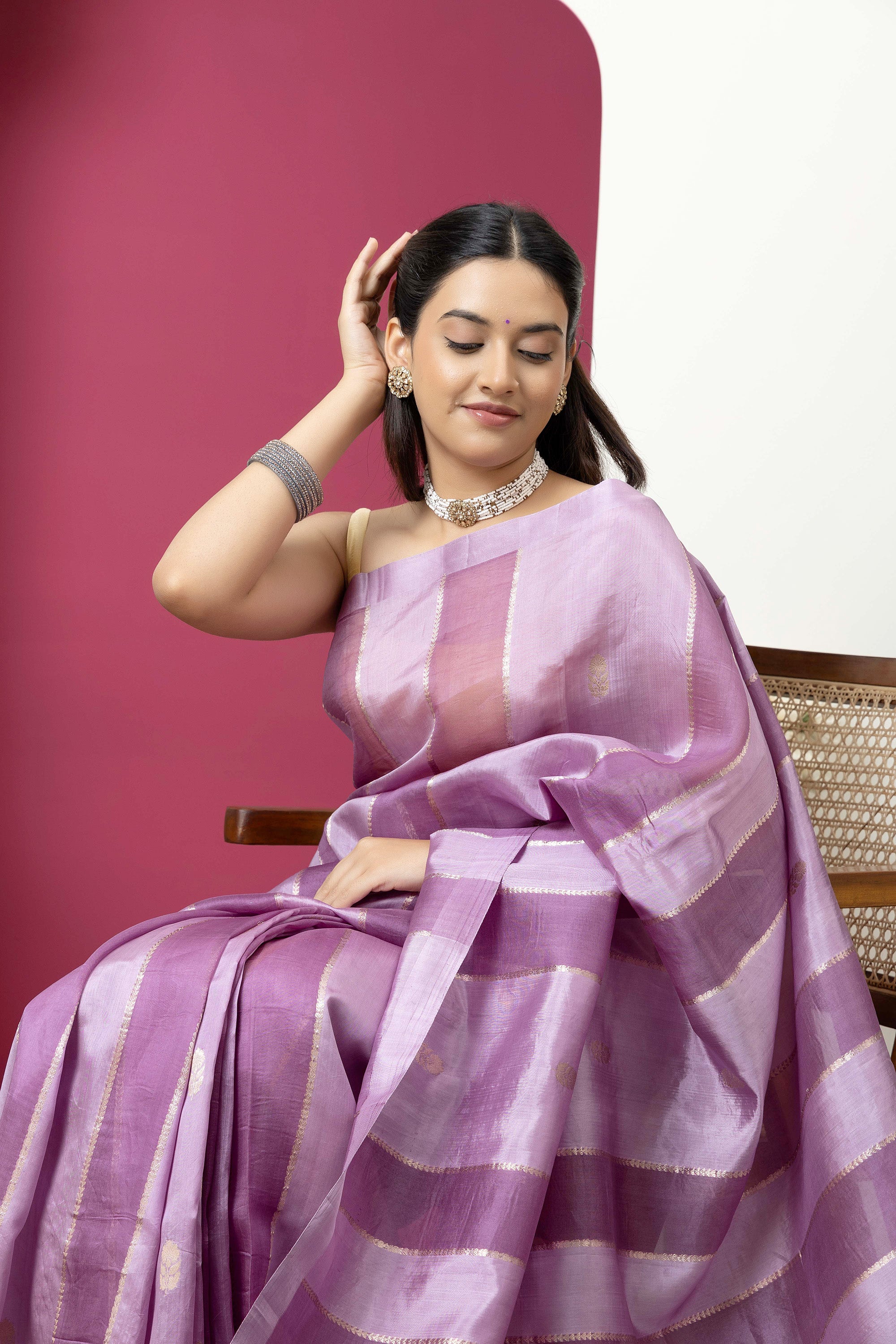 Banarasi Handloom beautiful light mauve pure katan silk saree with alternate broad stripe of organza, self silk border and zari pallu