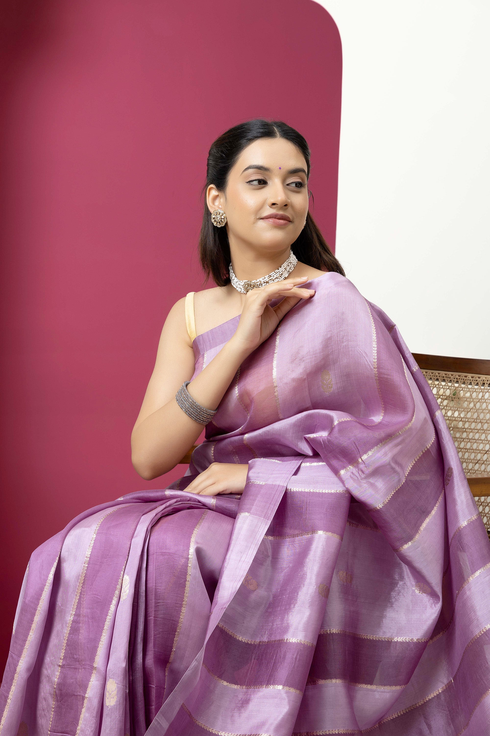 Banarasi Handloom beautiful light mauve pure katan silk saree with alternate broad stripe of organza, self silk border and zari pallu