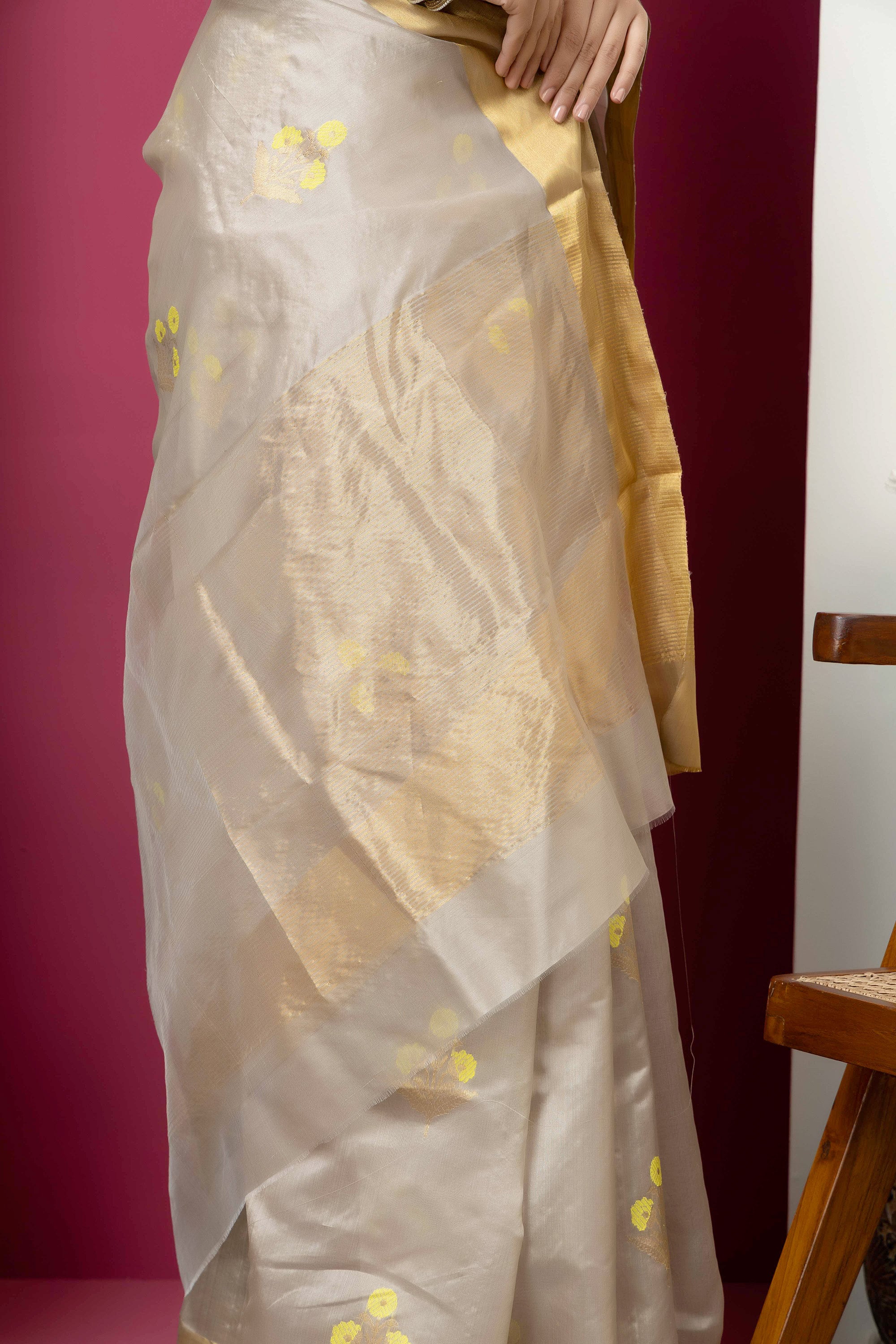 Chanderi handwoven pure silk beige saree with all-over golden and yellow weaved Buta design