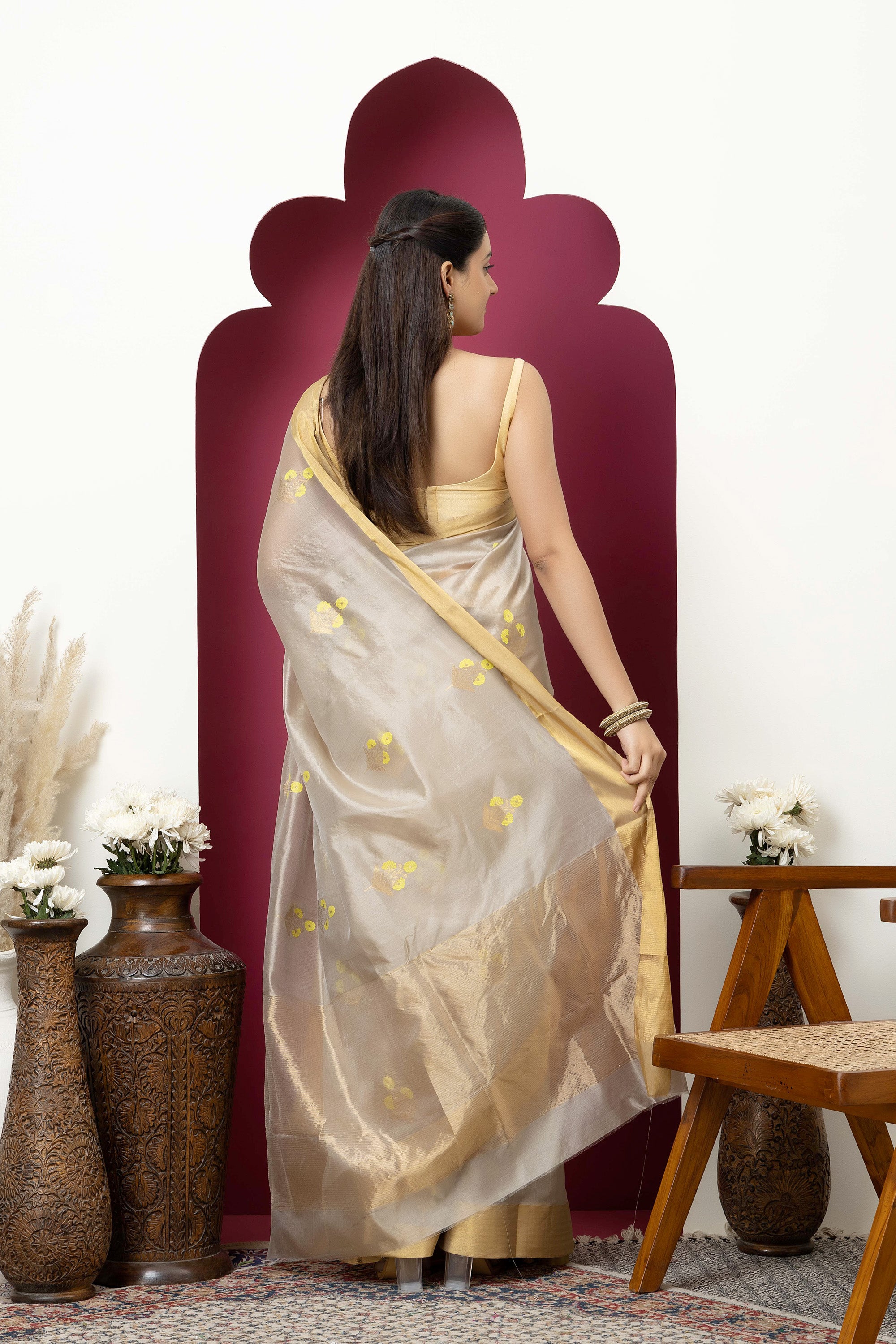 Chanderi handwoven pure silk beige saree with all-over golden and yellow weaved Buta design
