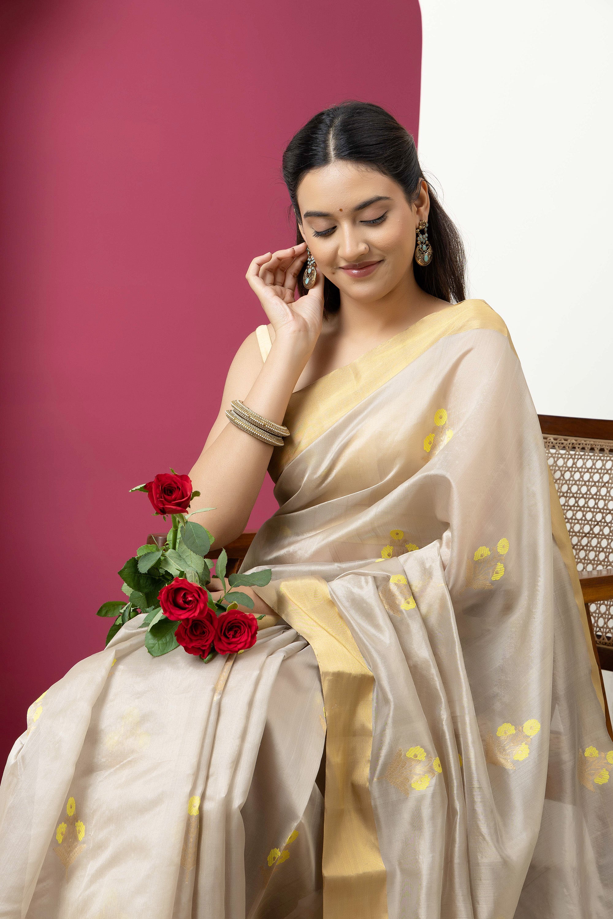 Chanderi handwoven pure silk beige saree with all-over golden and yellow weaved Buta design