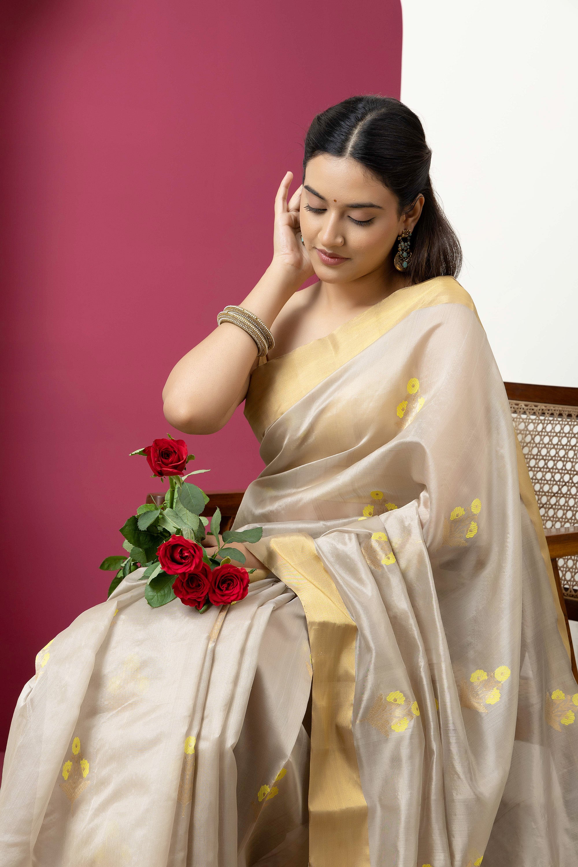 Chanderi handwoven pure silk beige saree with all-over golden and yellow weaved Buta design