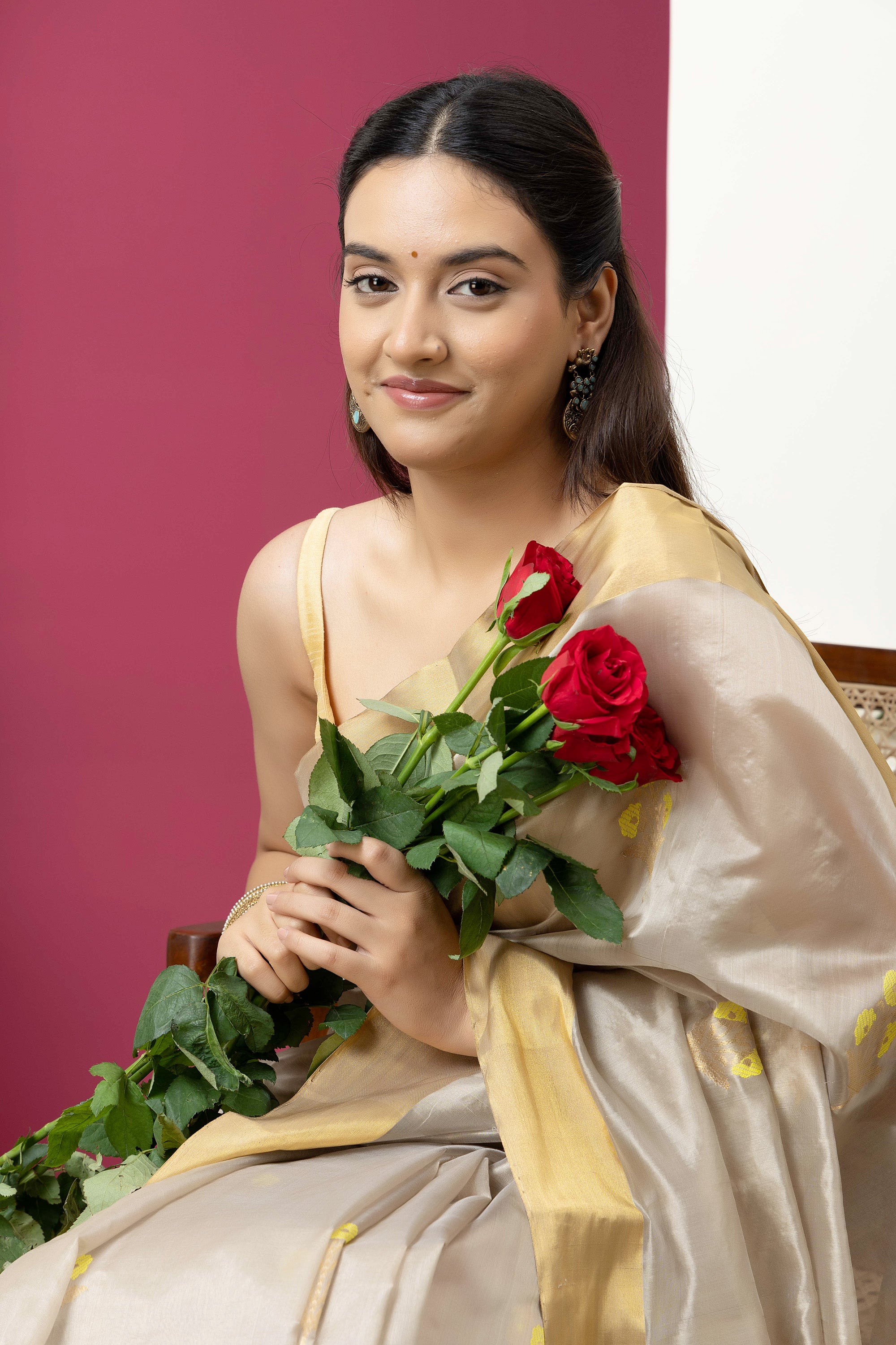 Chanderi handwoven pure silk beige saree with all-over golden and yellow weaved Buta design