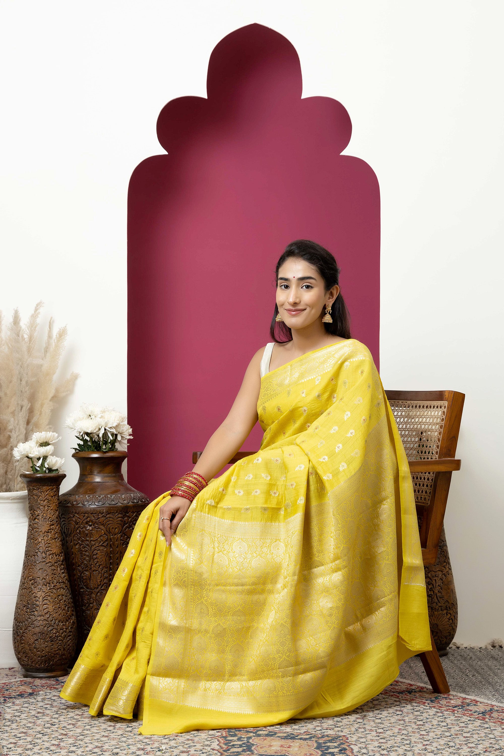 Banarasi pure Muga silk yellow saree with zari Bute, zari pallu