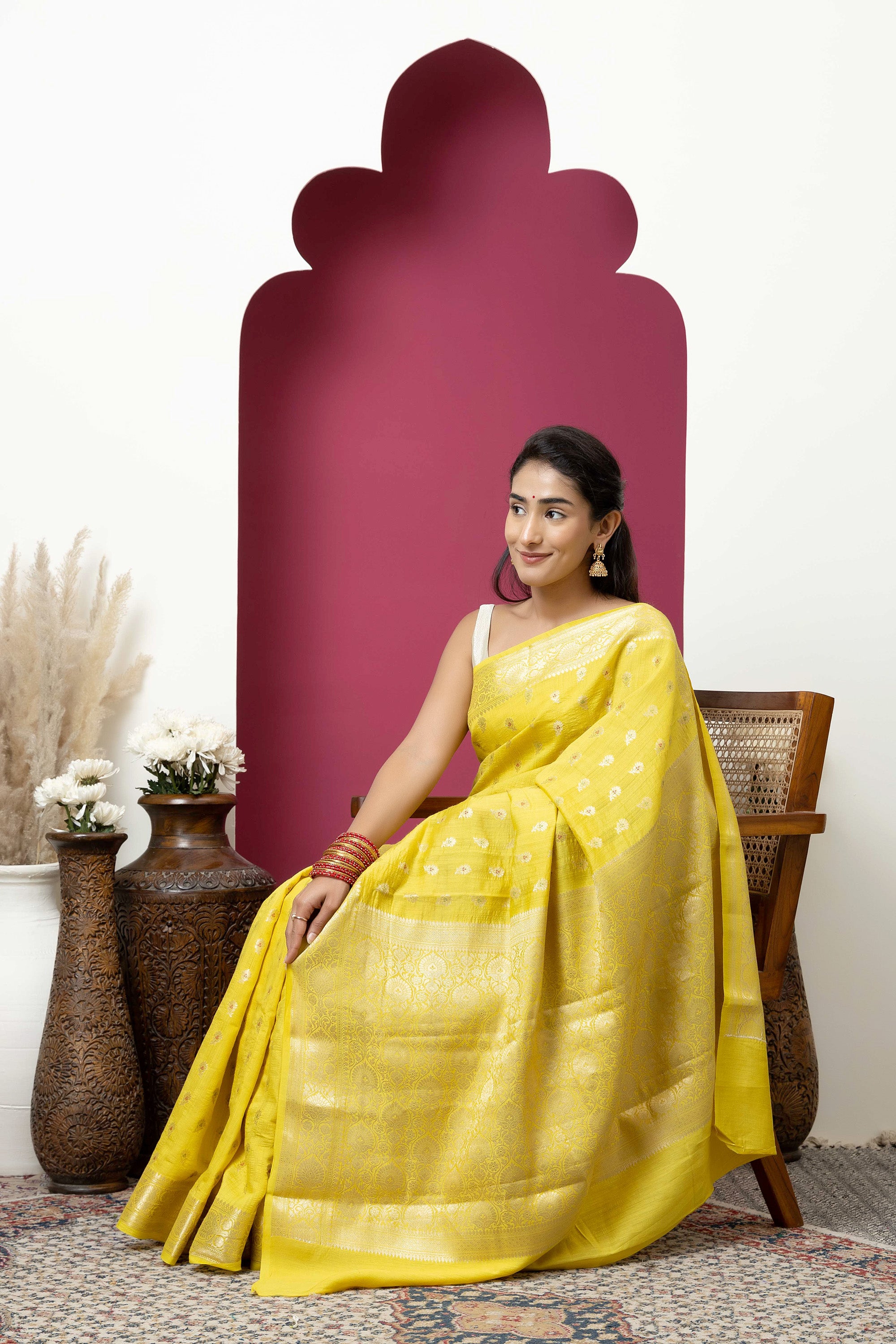Banarasi pure Muga silk yellow saree with zari Bute, zari pallu