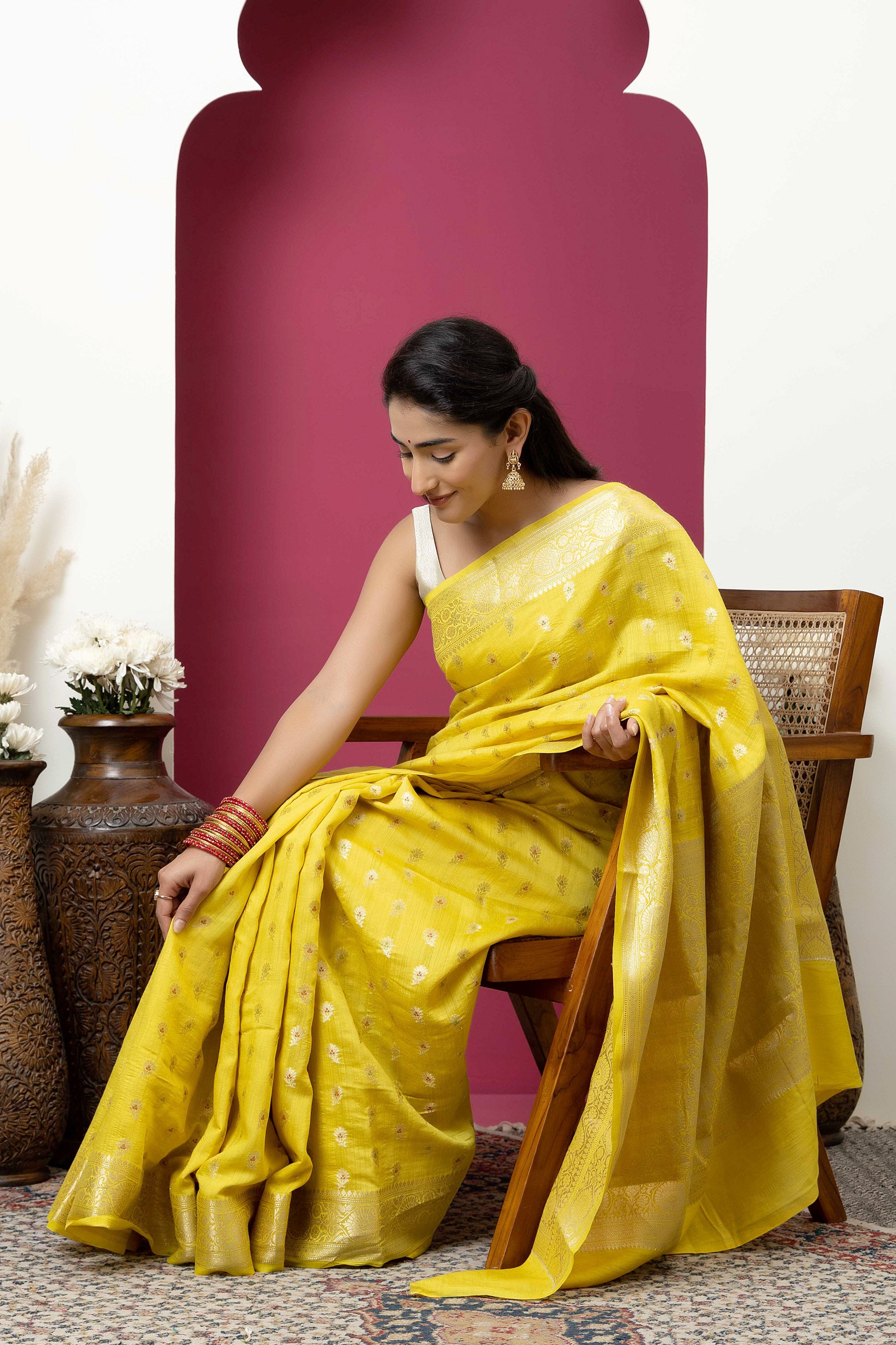Banarasi pure Muga silk yellow saree with zari Bute, zari pallu