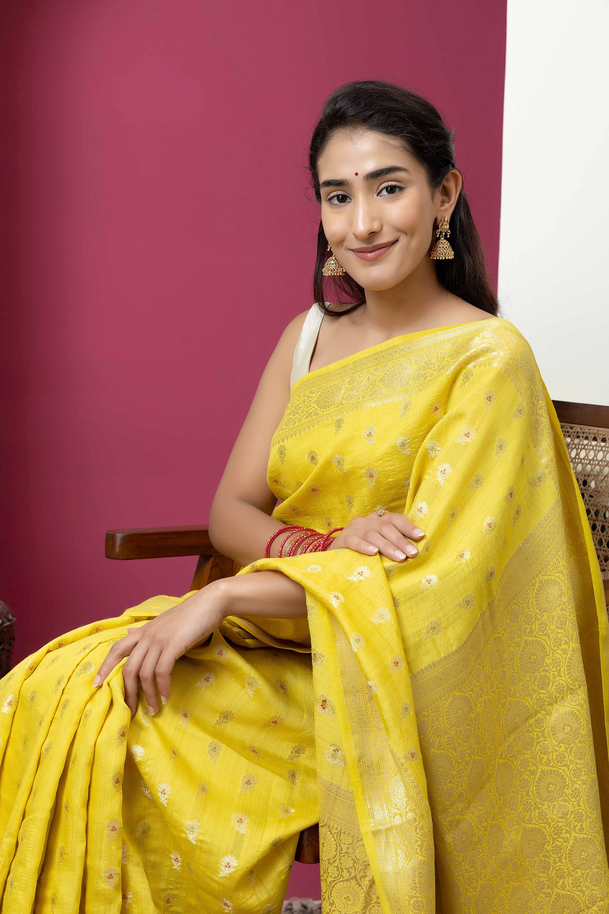 Banarasi pure Muga silk yellow saree with zari Bute, zari pallu