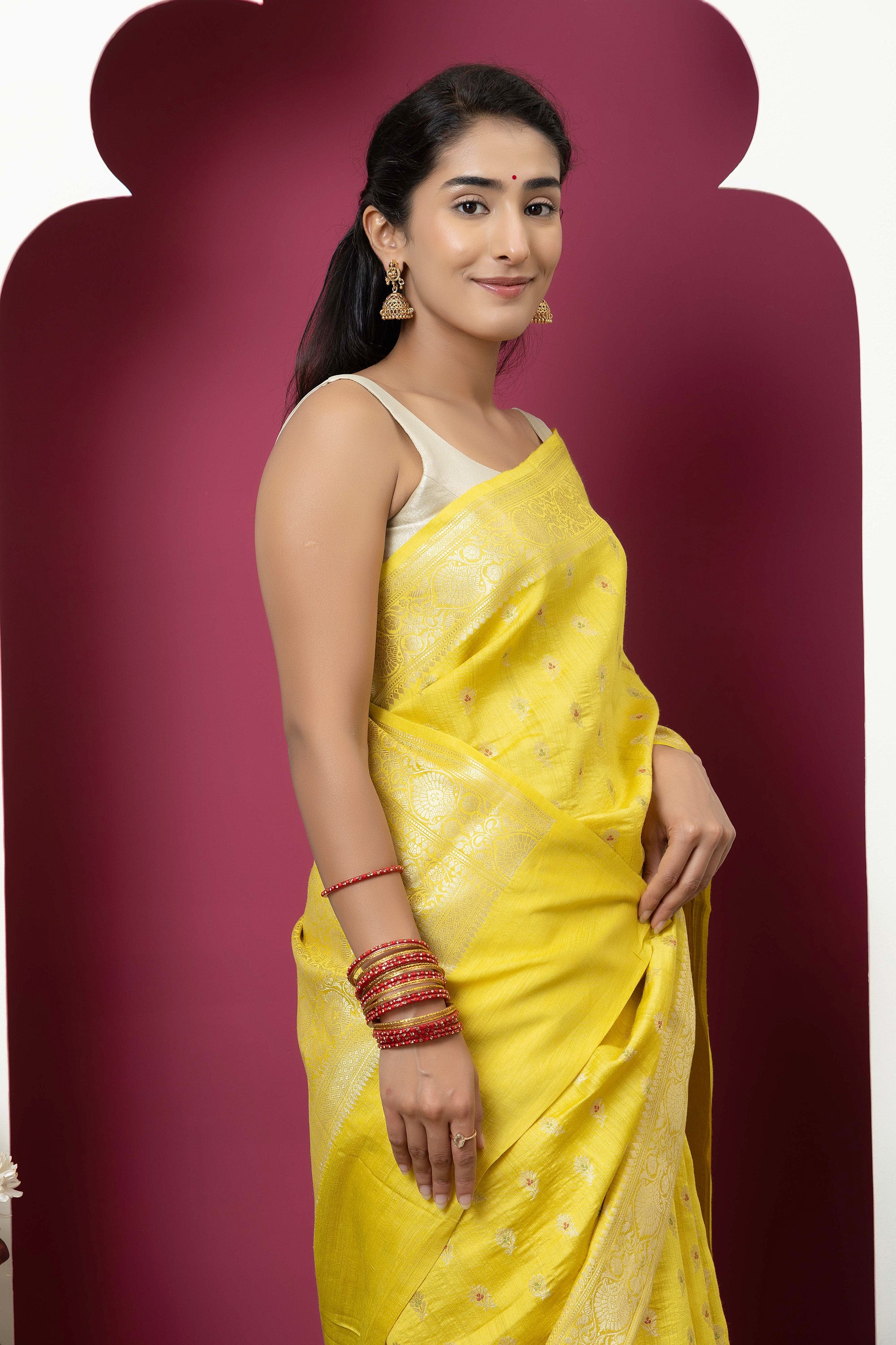 Banarasi pure Muga silk yellow saree with zari Bute, zari pallu