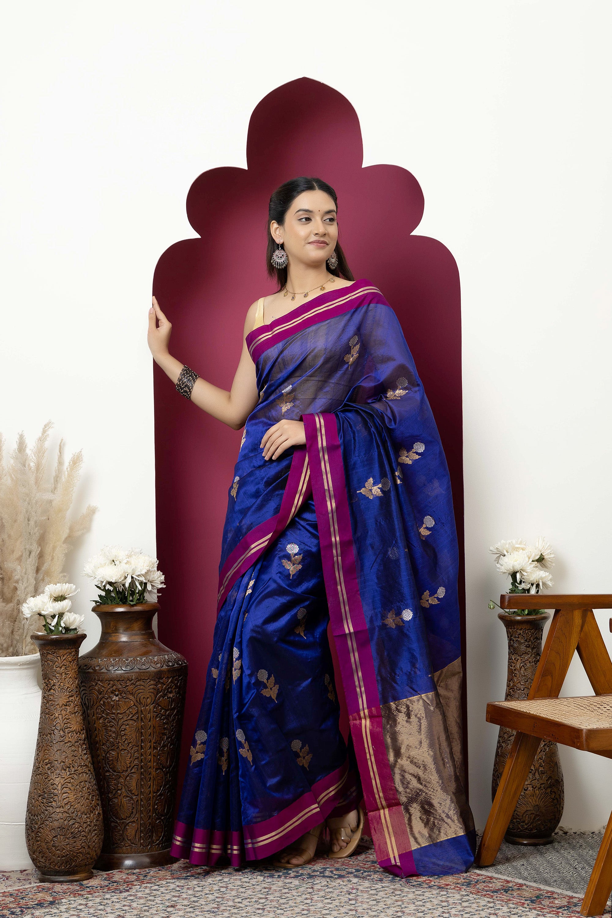 Chanderi handwoven pure silk deep purple saree with all-over large flower buta, contrast magenta border and zari pallu