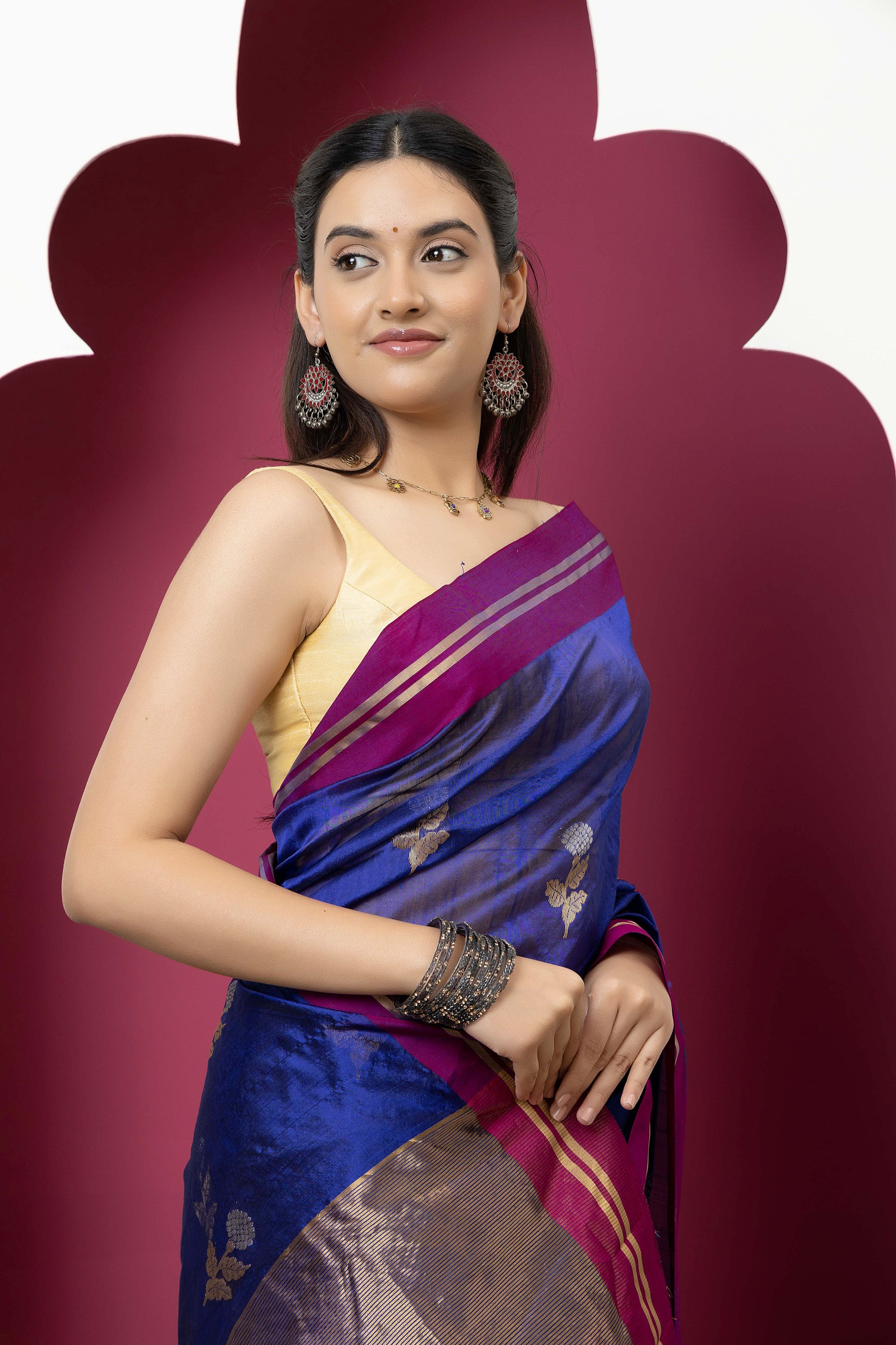 Chanderi handwoven pure silk deep purple saree with all-over large flower buta, contrast magenta border and zari pallu