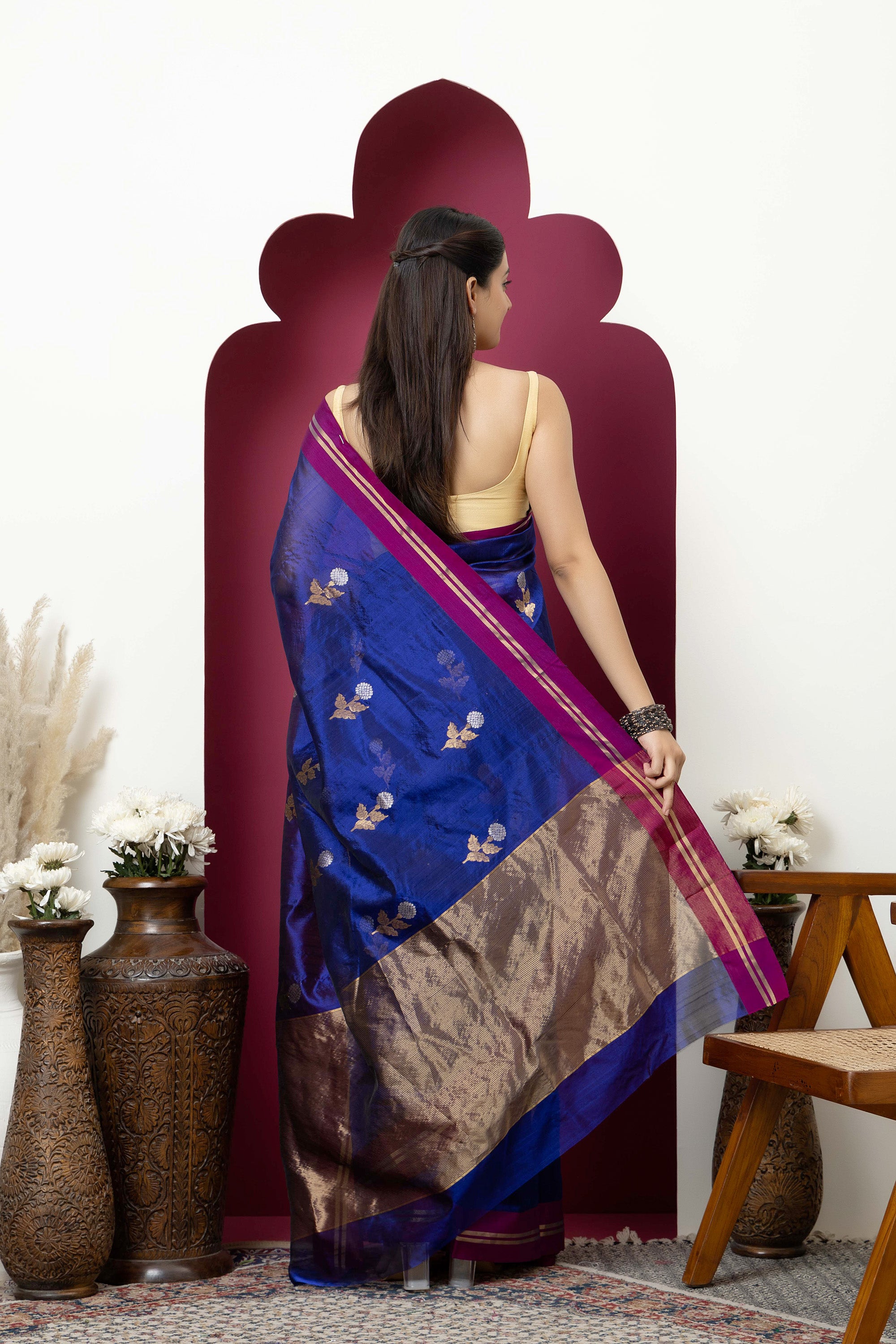 Chanderi handwoven pure silk deep purple saree with all-over large flower buta, contrast magenta border and zari pallu