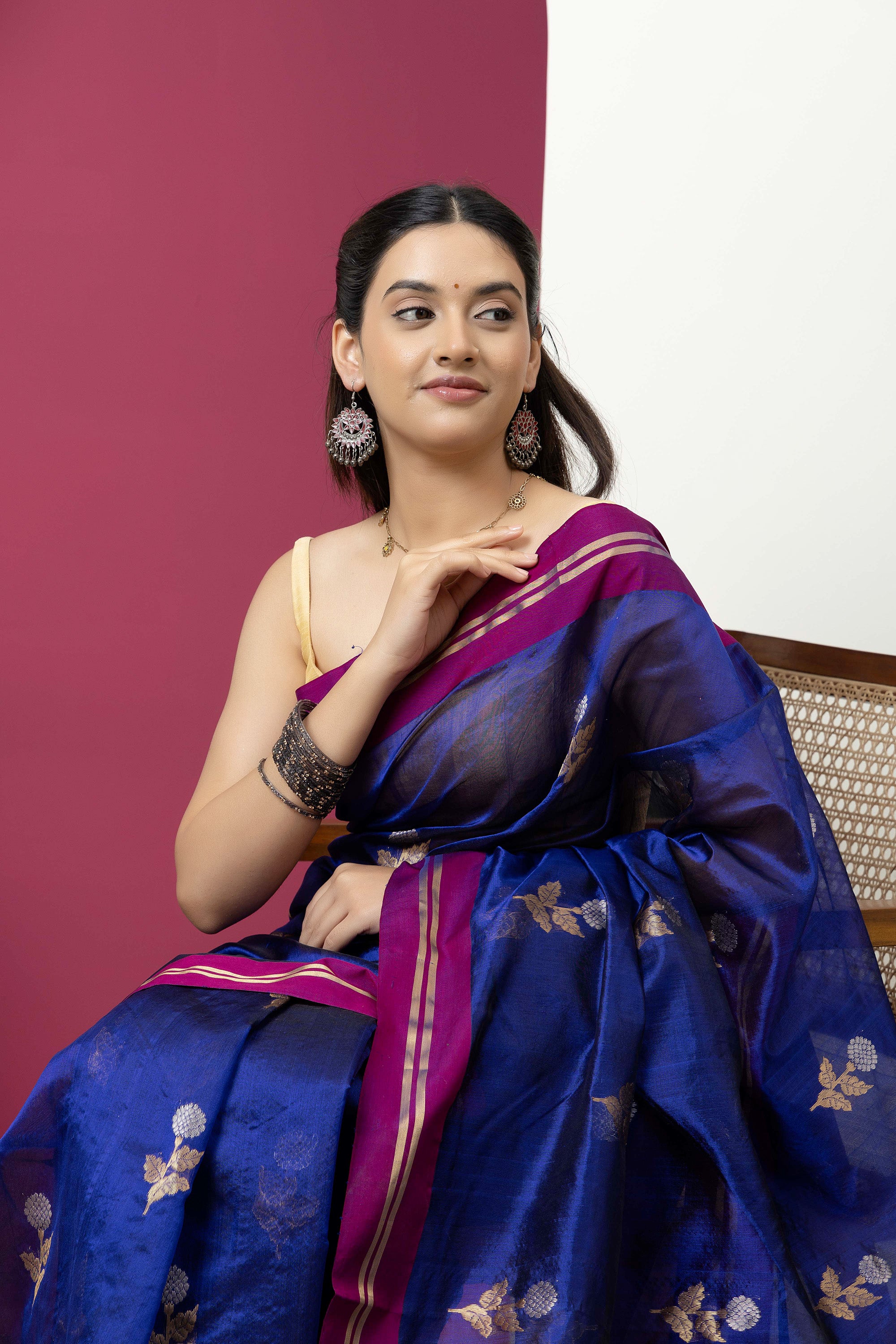 Chanderi handwoven pure silk deep purple saree with all-over large flower buta, contrast magenta border and zari pallu