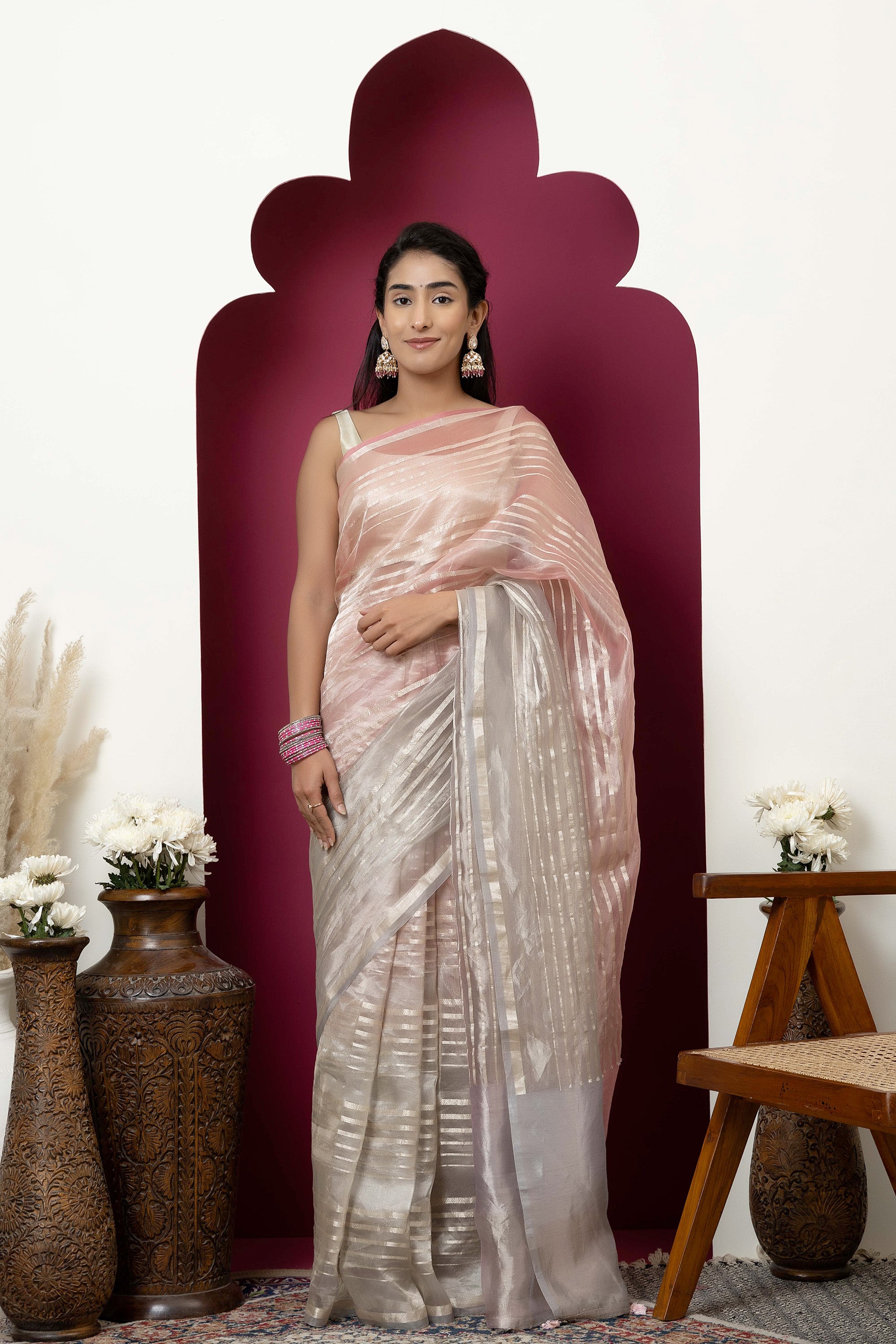 Banarasi pure Tissue silk pink-grey saree with zari stripes