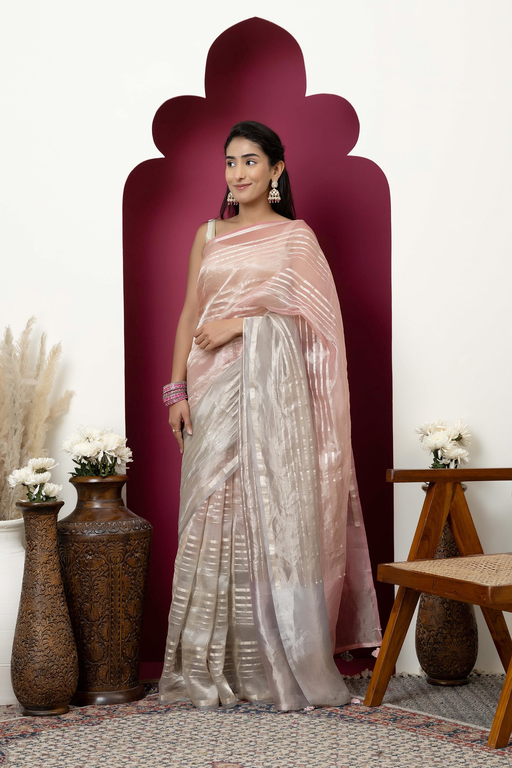 Banarasi pure Tissue silk pink-grey saree with zari stripes