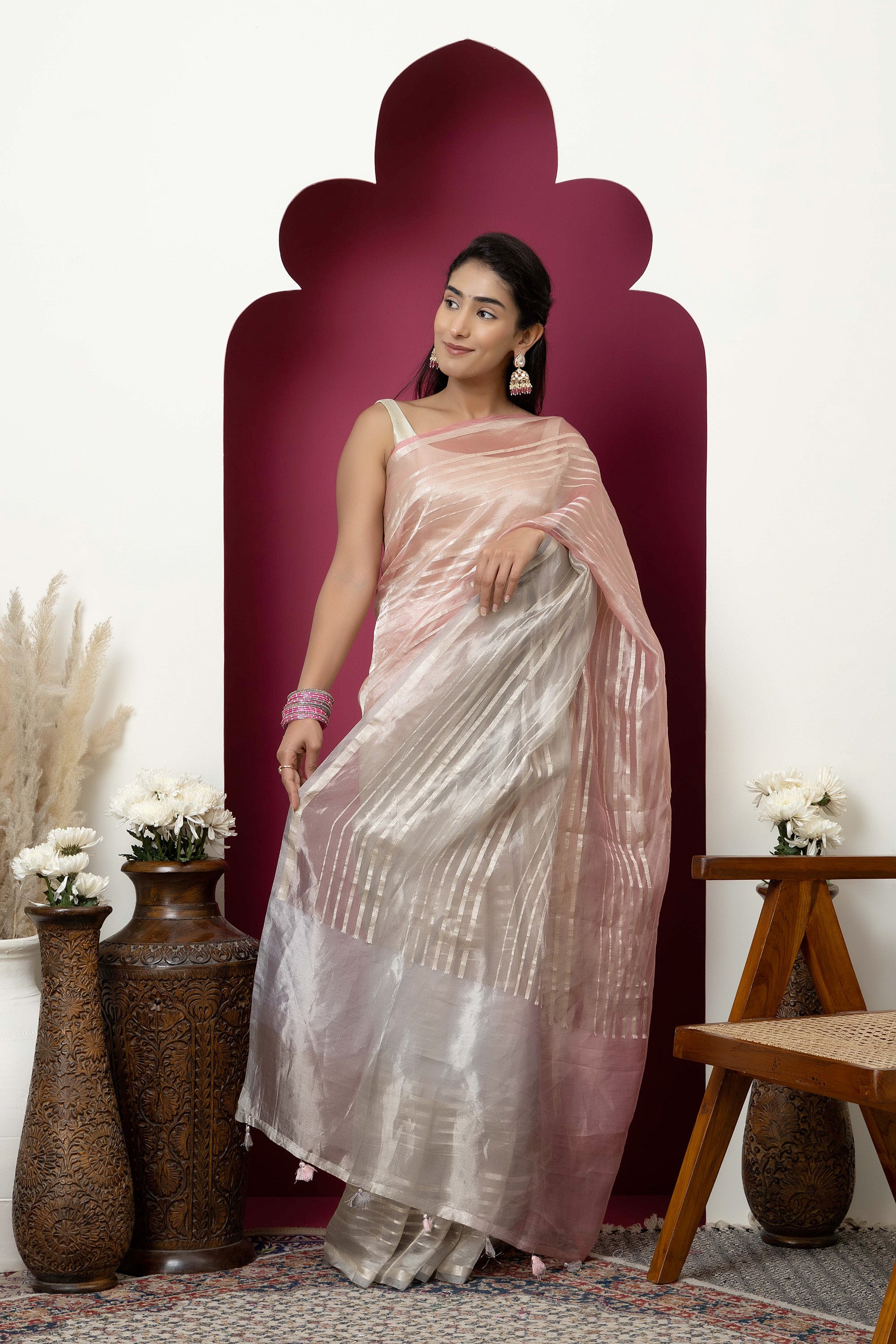 Banarasi pure Tissue silk pink-grey saree with zari stripes