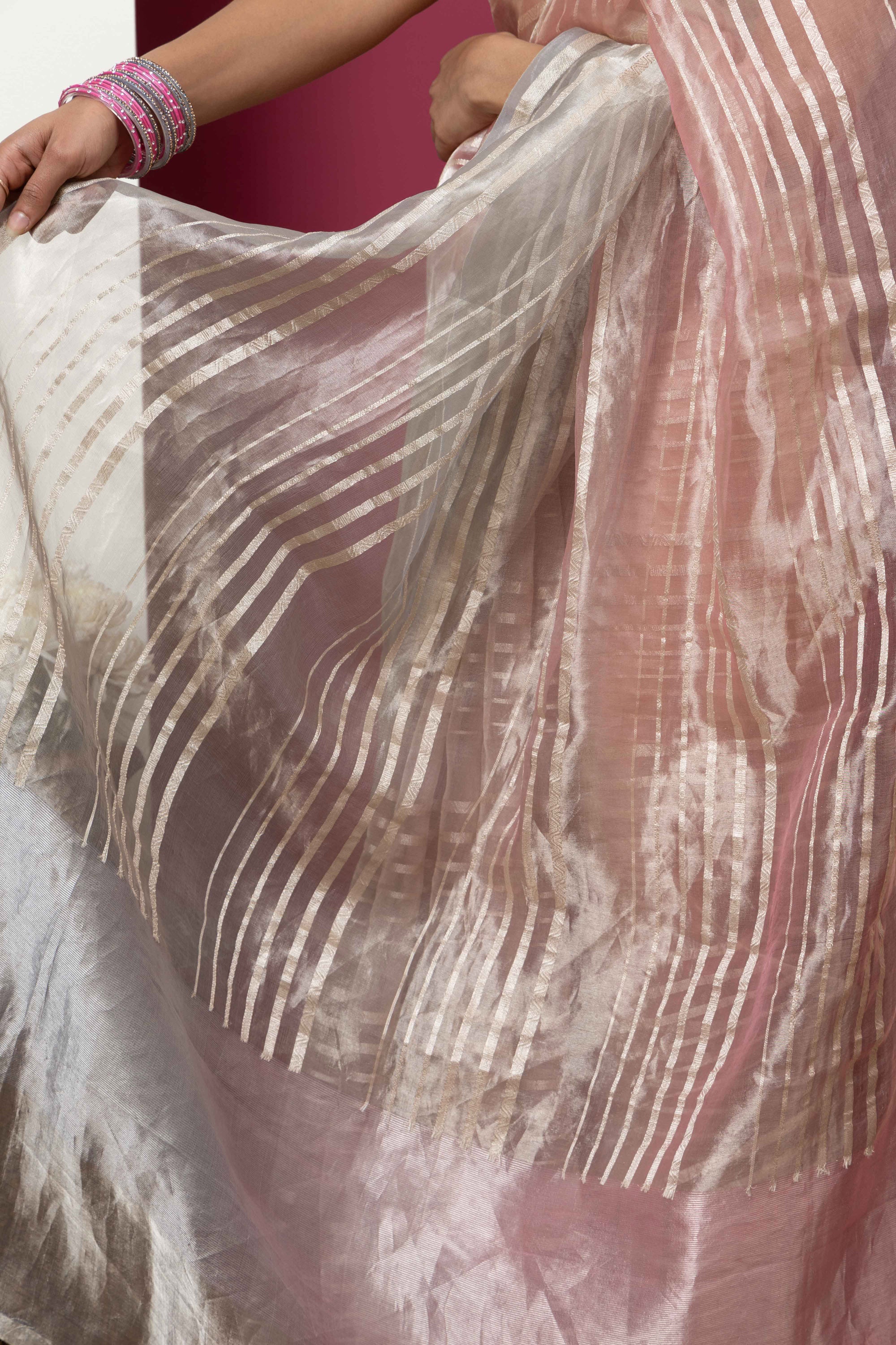 Banarasi pure Tissue silk pink-grey saree with zari stripes