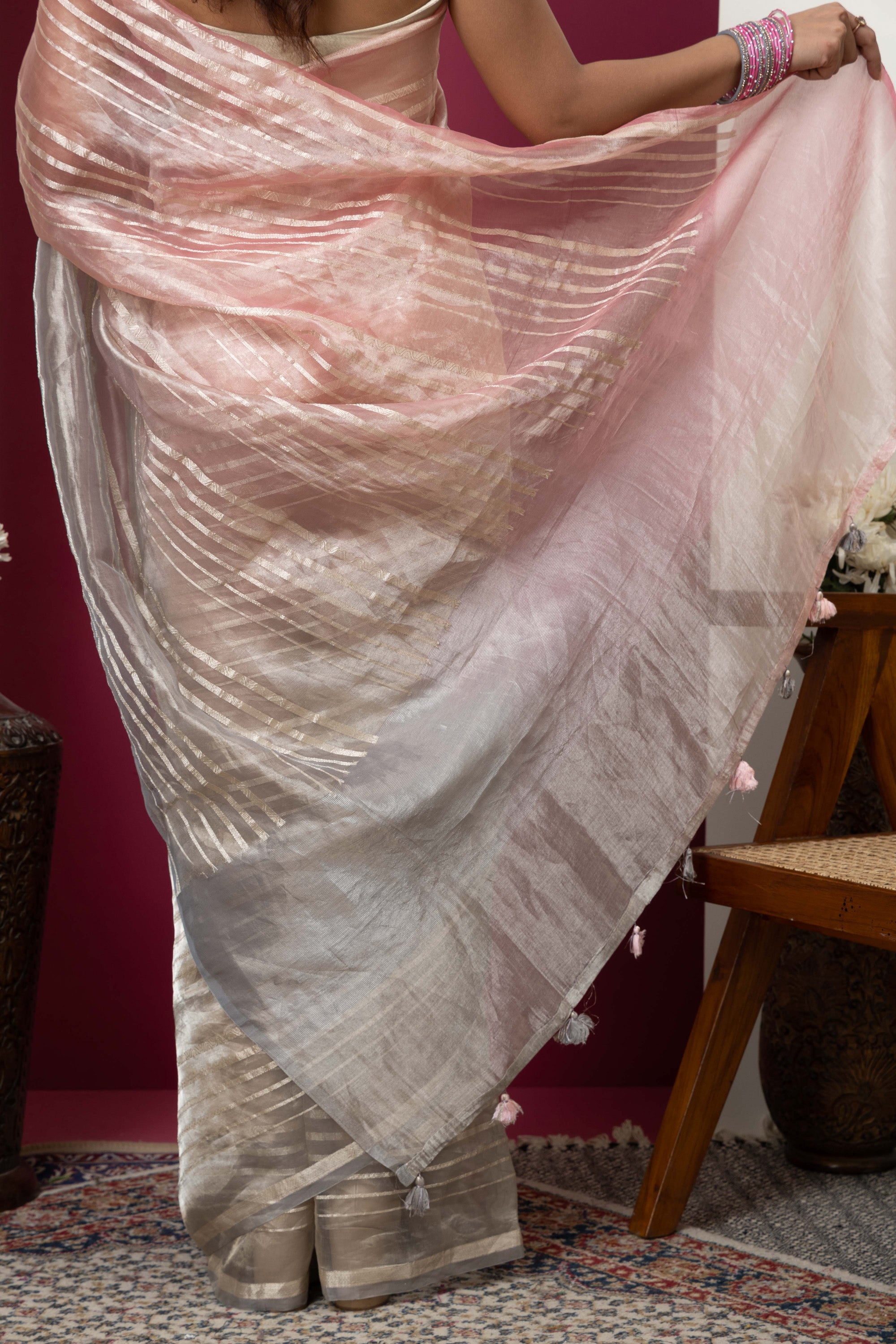 Banarasi pure Tissue silk pink-grey saree with zari stripes