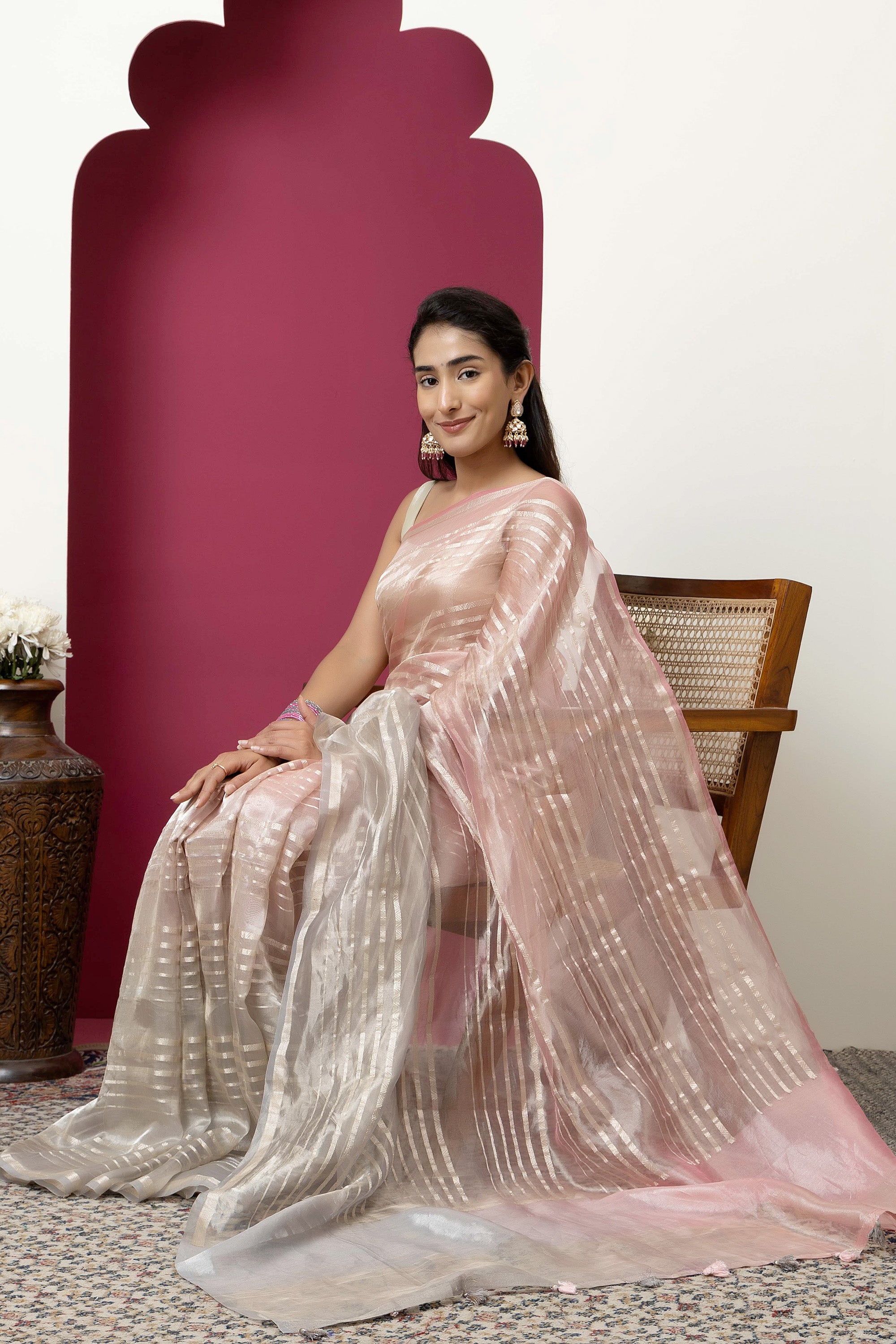 Banarasi pure Tissue silk pink-grey saree with zari stripes