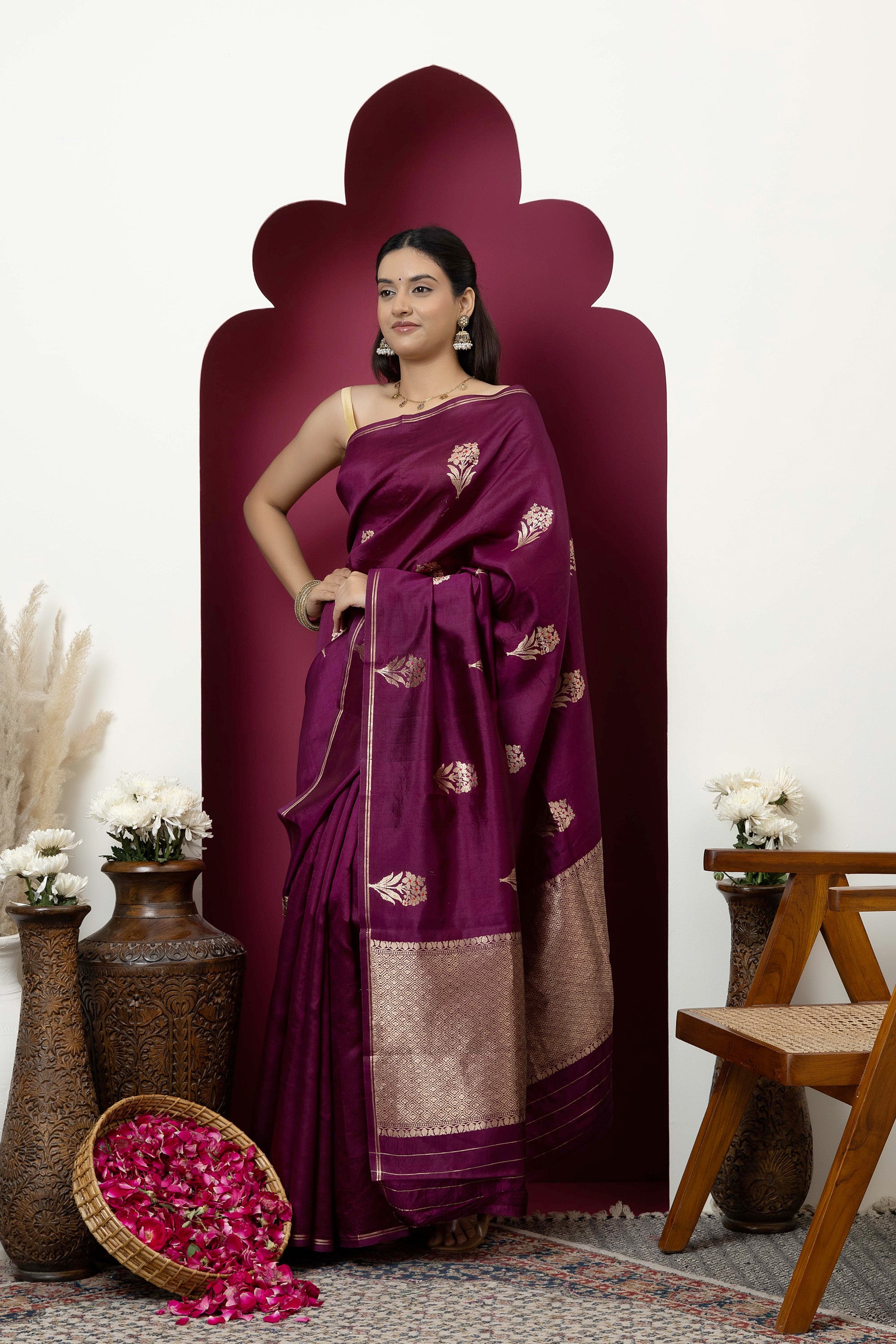 Banarasi Handloom pure silk wine /deep magenta saree with large bute , zari selvedge and zari border