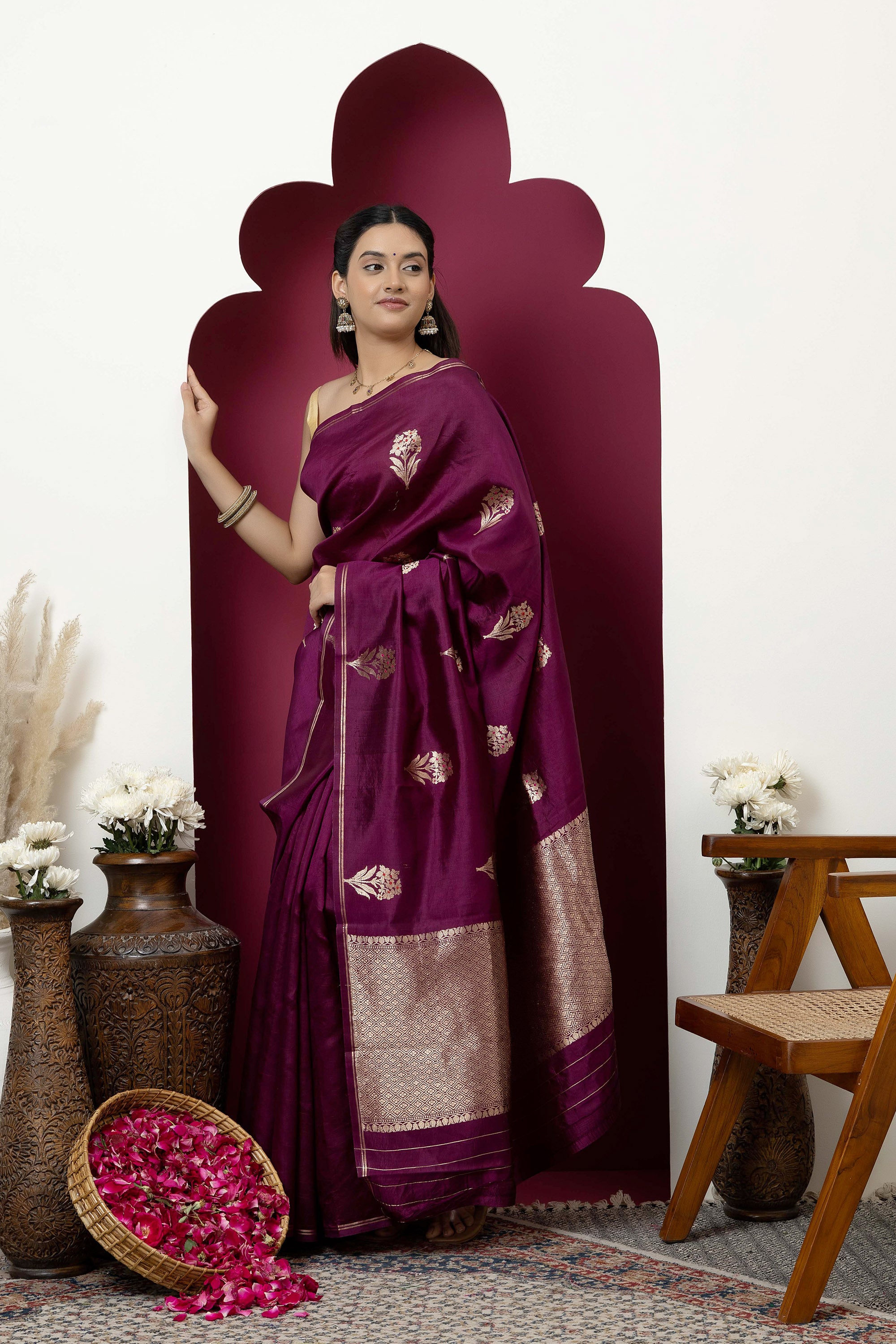 Banarasi Handloom pure silk wine /deep magenta saree with large bute , zari selvedge and zari border