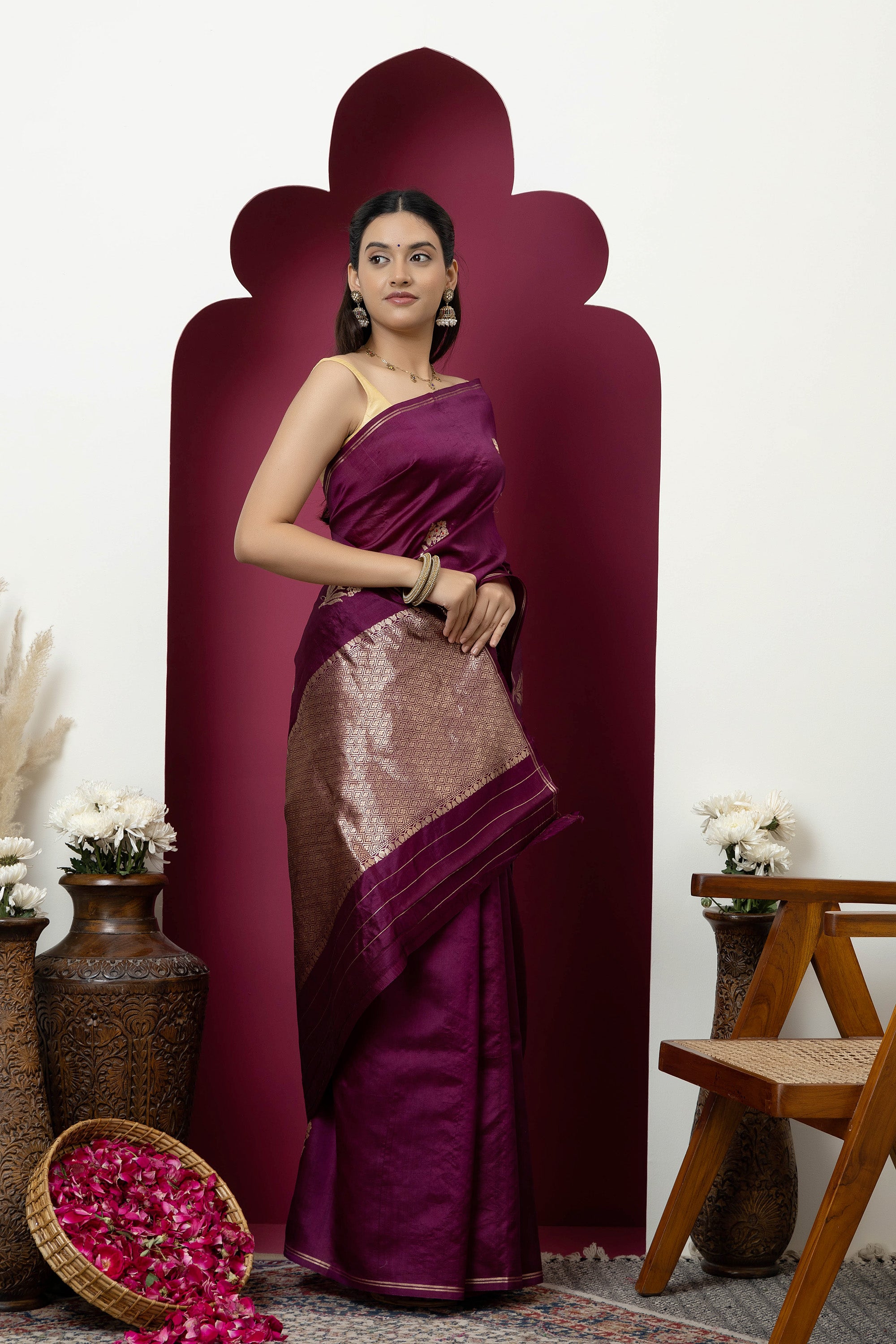 Banarasi Handloom pure silk wine /deep magenta saree with large bute , zari selvedge and zari border