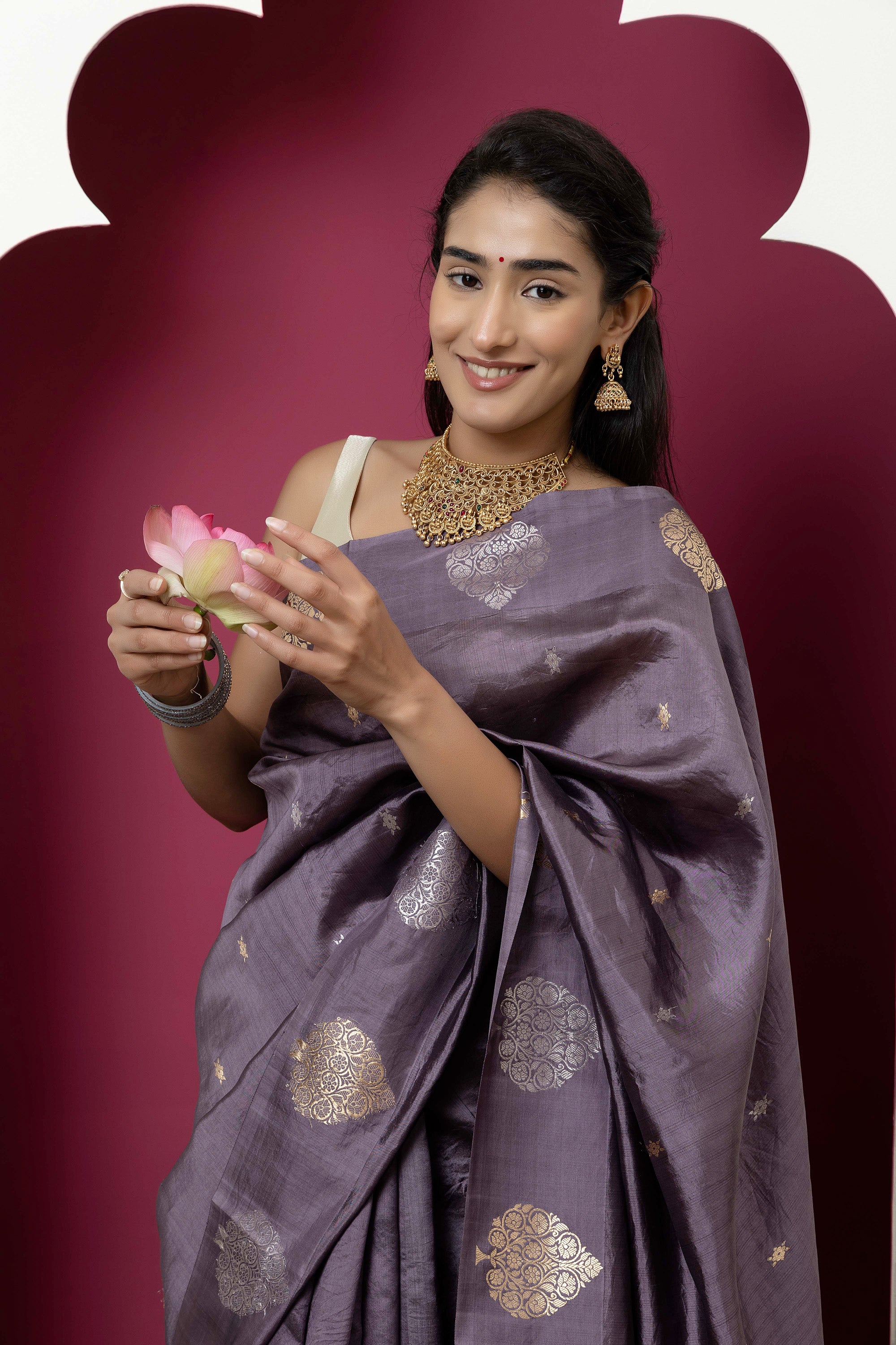 Banarasi Handloom mauve-grey pure silk saree with large buta on the border, small bute all over and zari border