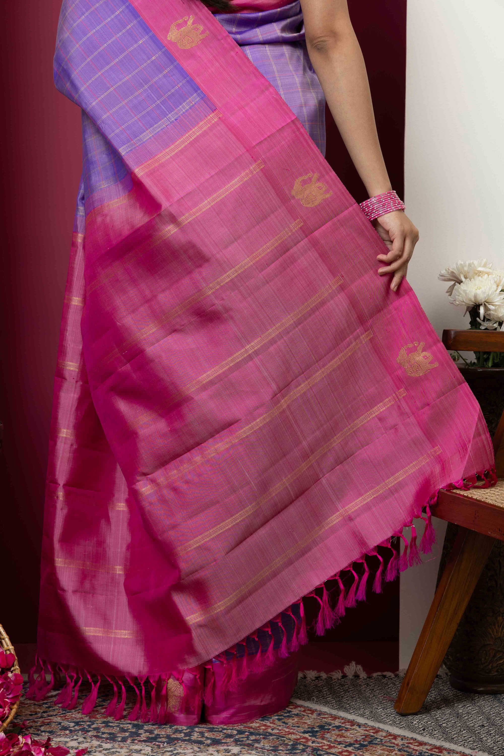 Kanjivaram handloom pure silk pure zari saree with lavender body and contrast pink border and pallu