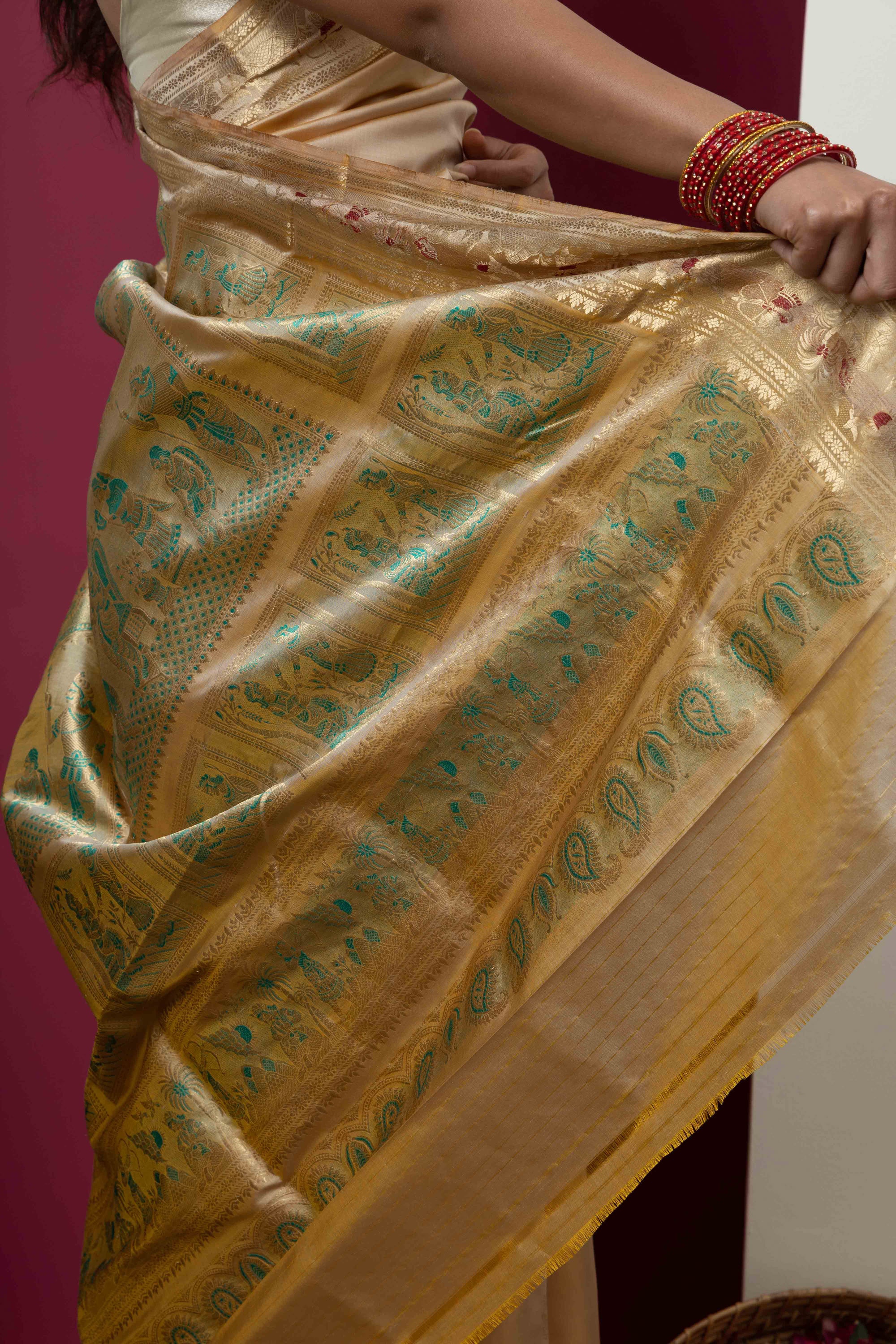 Baluchari handloom pure silk sari, with intricate weaving on border and pallu