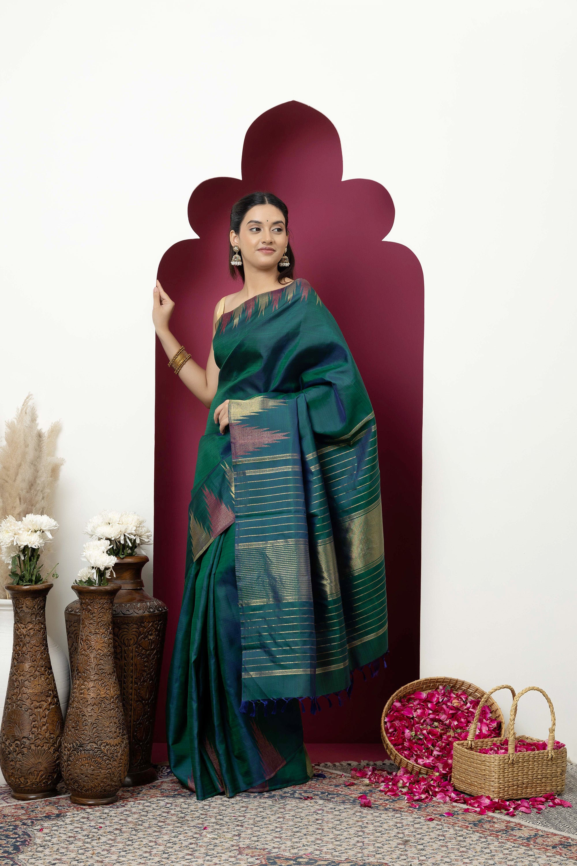 Kanjivaram handloom pure silk pure zari bottle green sari with zari on border and pallu