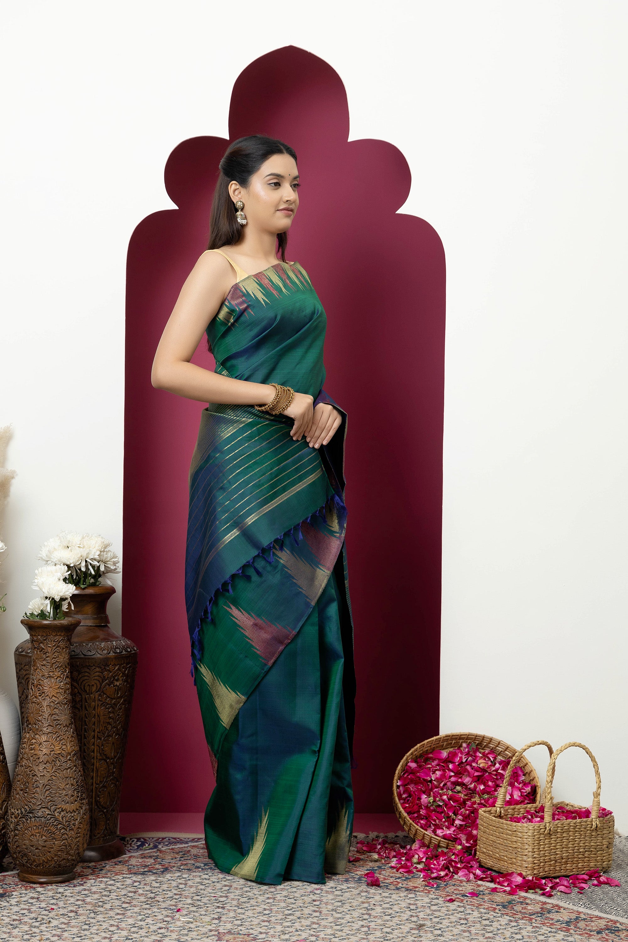 Kanjivaram handloom pure silk pure zari bottle green sari with zari on border and pallu