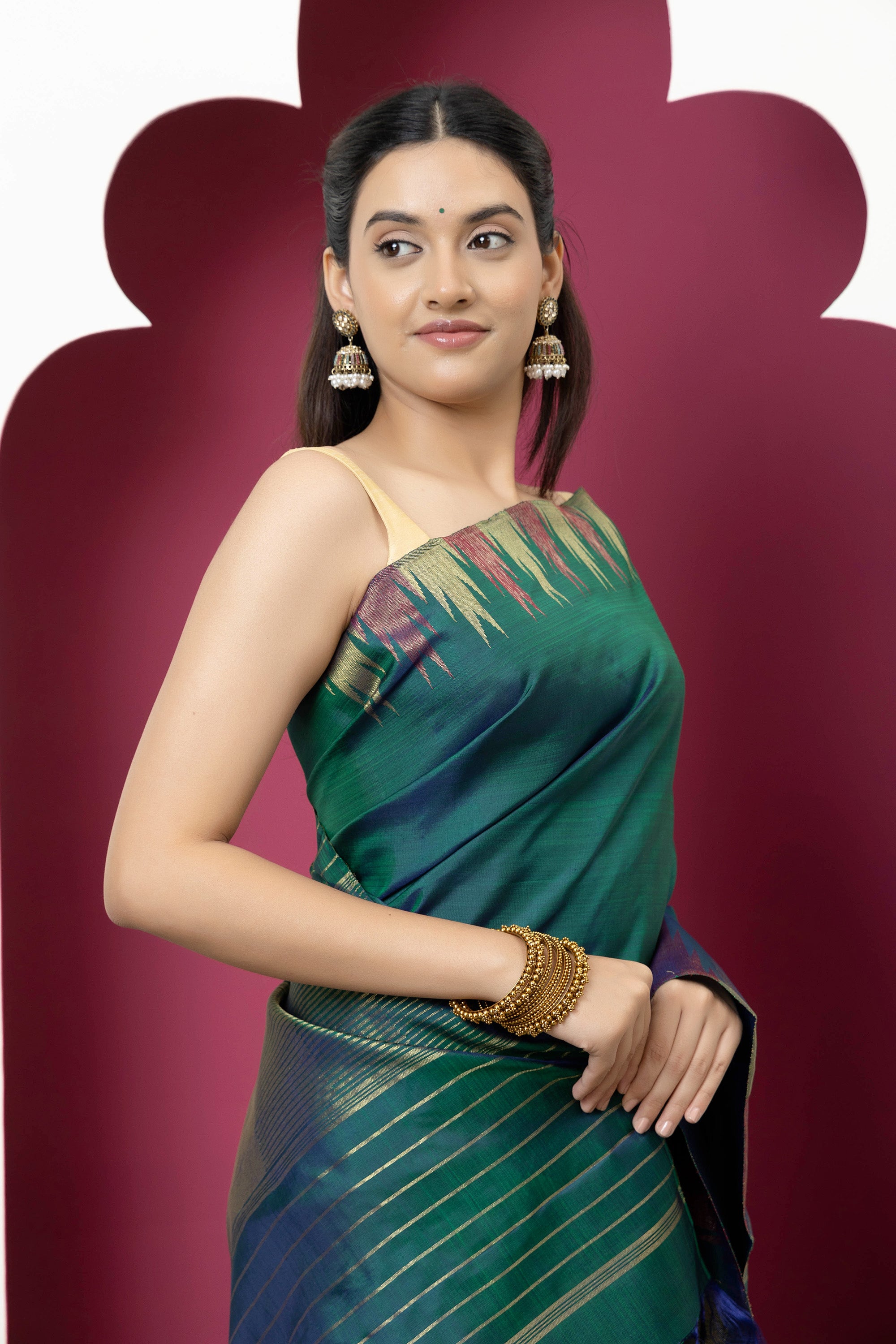 Kanjivaram handloom pure silk pure zari bottle green sari with zari on border and pallu