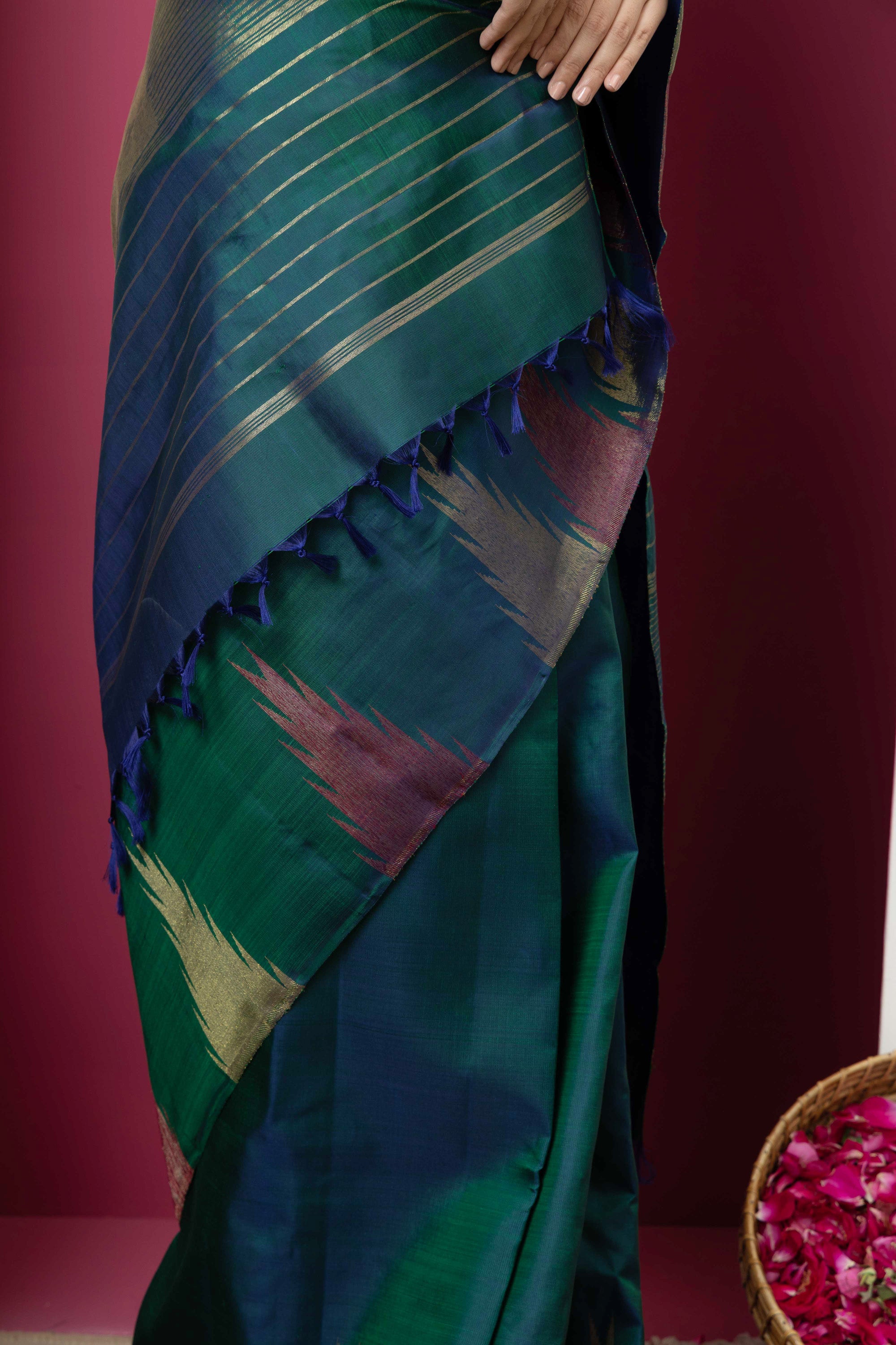 Kanjivaram handloom pure silk pure zari bottle green sari with zari on border and pallu