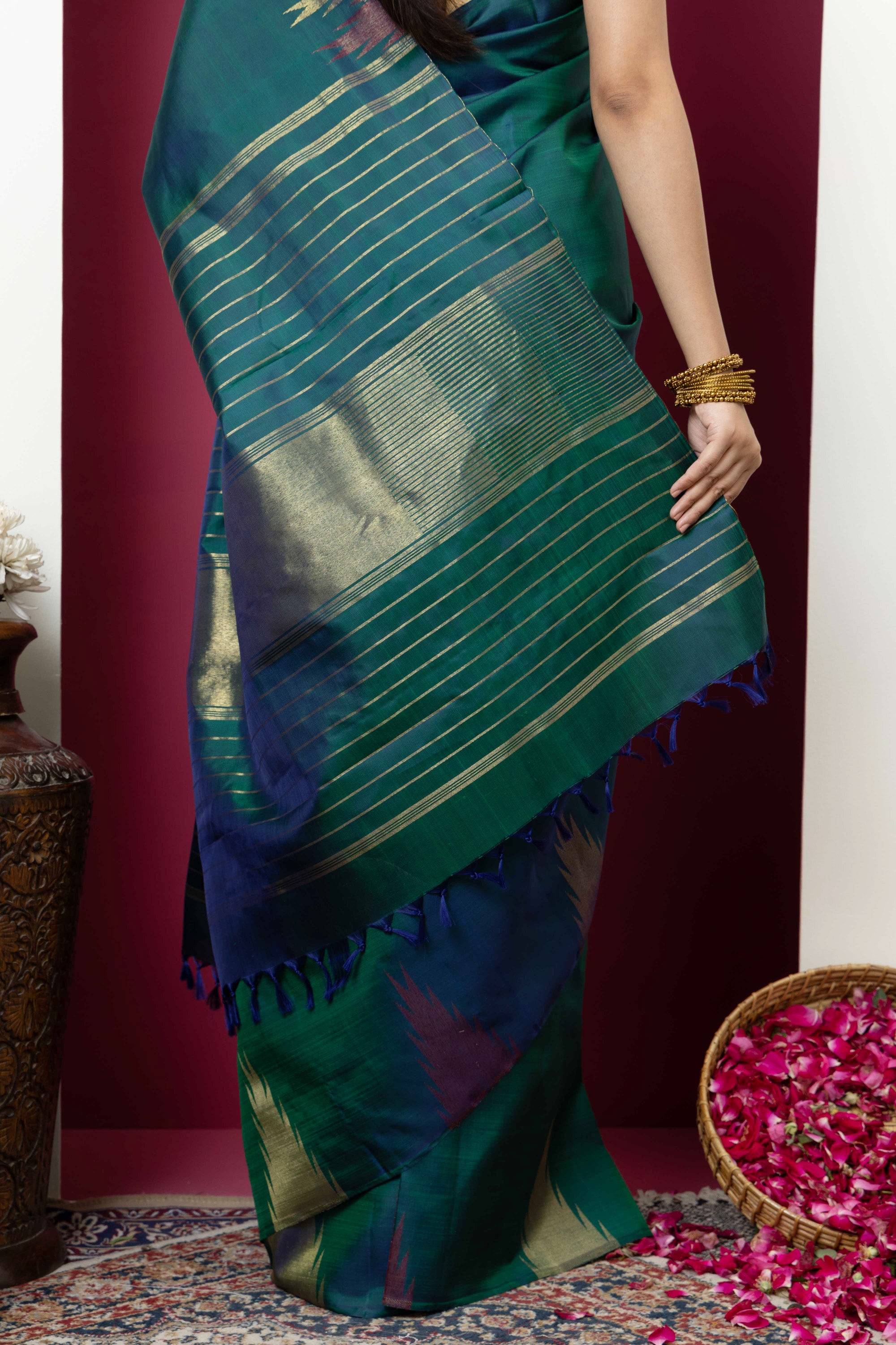 Kanjivaram handloom pure silk pure zari bottle green sari with zari on border and pallu