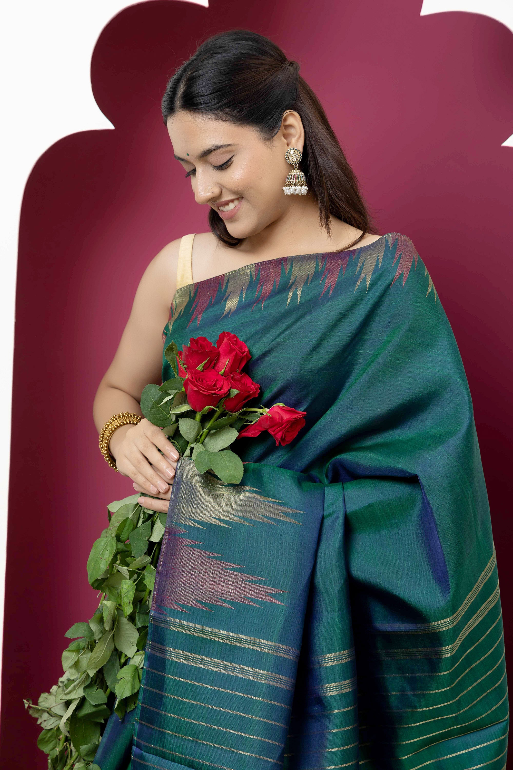 Kanjivaram handloom pure silk pure zari bottle green sari with zari on border and pallu